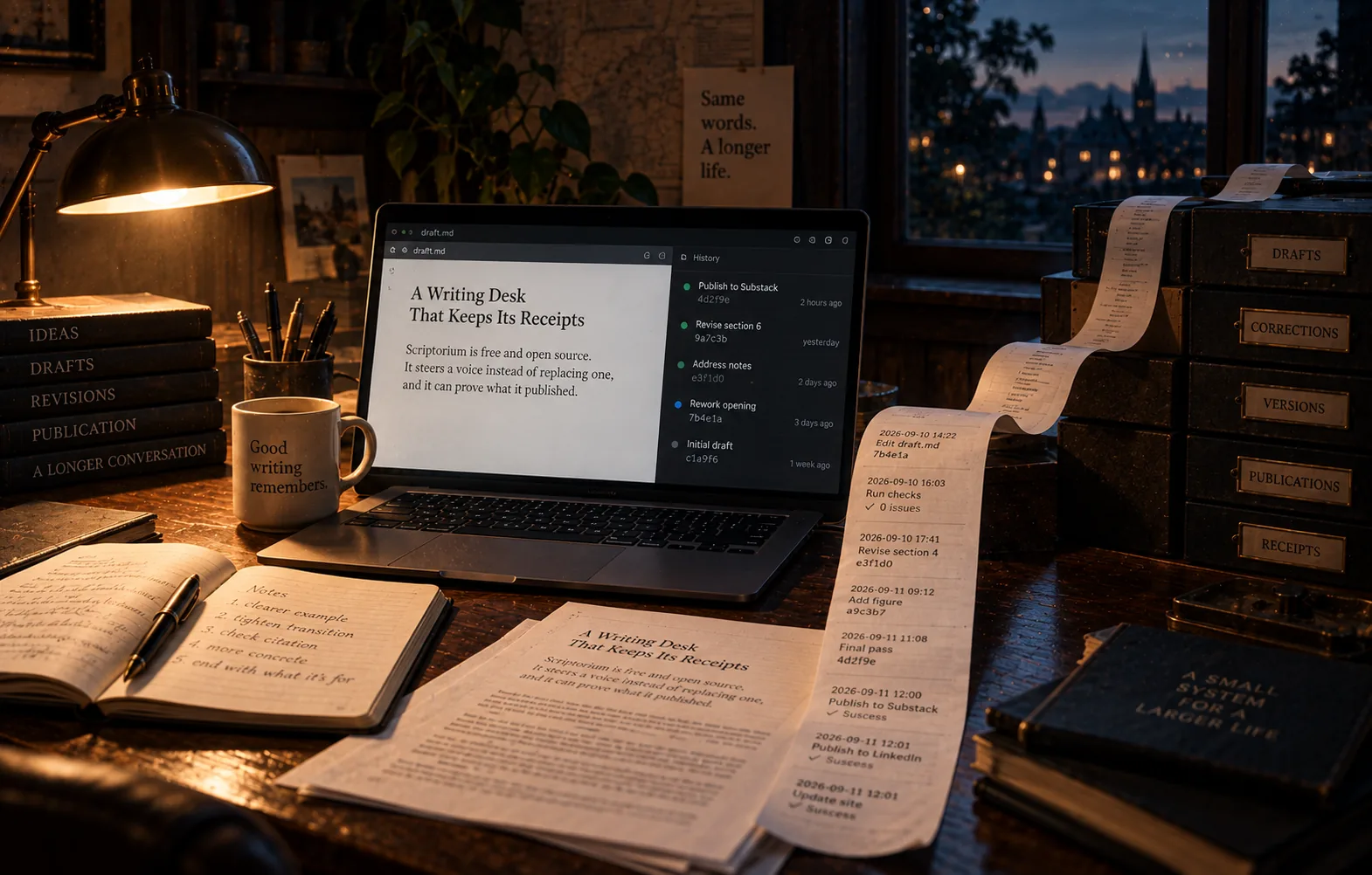 A writer's desk at night, lit by a brass lamp, with a city skyline and a spire in the window behind it. An open laptop shows a markdown file in a tab labeled "draft.md": the page reads "A Writing Desk That Keeps Its Receipts" and, beneath it, "Scriptorium is free and open source. It steers a voice instead of replacing one, and it can prove what it published." A side panel titled "History" lists five commits with short hashes: "Publish to Substack 4d2f9e 2 hours ago", "Revise section 6 9a7c3b yesterday", "Address notes e3f1d0 2 days ago", "Rework opening 7b4e1a 3 days ago", "Initial draft c1a9f6 1 week ago". A long paper receipt curls from a stack of labeled archive boxes at the right, across the desk and off its front edge, printed with a timestamped ledger: "2026-09-10 14:22 Edit draft.md 7b4e1a", "2026-09-10 16:03 Run checks ✓ 0 issues", "2026-09-10 17:41 Revise section 4 e3f1d0", "2026-09-11 09:12 Add figure a9c3b7", "2026-09-11 11:08 Final pass 4d2f9e", "2026-09-11 12:00 Publish to Substack ✓ Sucess", "2026-09-11 12:01 Publish to LinkedIn ✓ Sucess", "2026-09-11 12:01 Update site ✓ Sucess". The archive drawers are labeled "DRAFTS", "CORRECTIONS", "VERSIONS", "PUBLICATIONS", "RECEIPTS". On the left, a stack of books has spines reading "IDEAS", "DRAFTS", "REVISIONS", "PUBLICATION", "A LONGER CONVERSATION". A coffee mug reads "Good writing remembers." A card pinned to the wall reads "Same words. A longer life." An open notebook with a fountain pen lists "Notes: 1. clearer example, 2. tighten transition, 3. check citation, 4. more concrete, 5. end with what it's for". A printed page of the same essay lies in front of the laptop, and a dark notebook at the right corner is embossed "A SMALL SYSTEM FOR A LARGER LIFE".