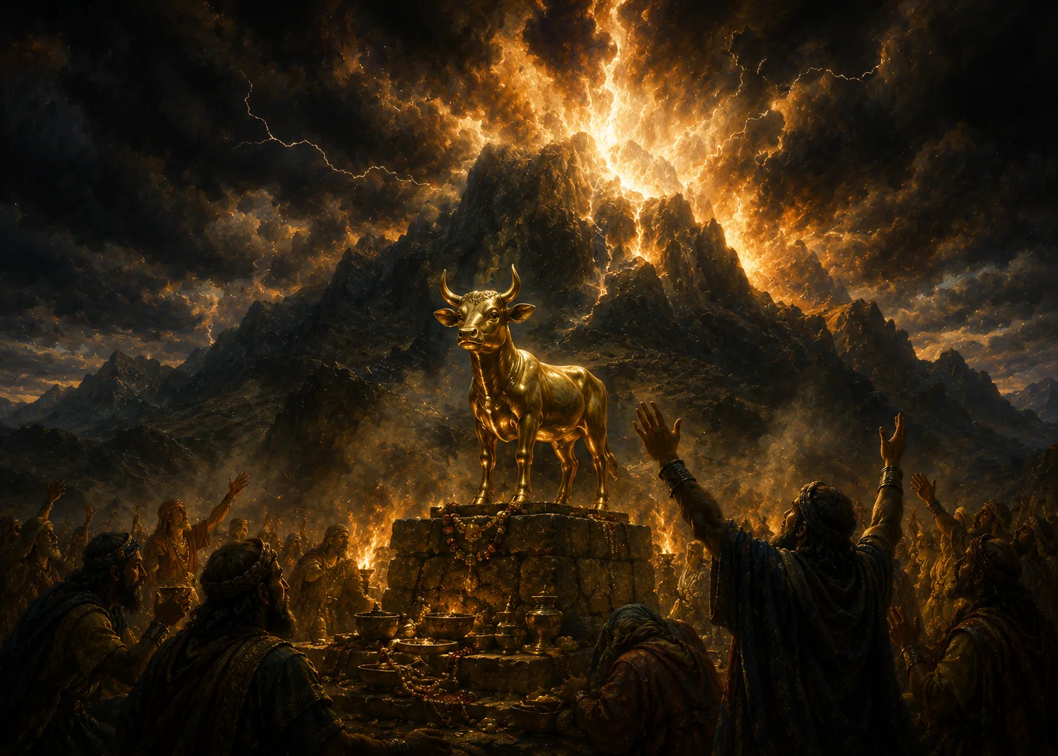 A golden calf raised on a stone altar, hands lifted toward it out of the dark, while lightning splits the mountain burning behind it
