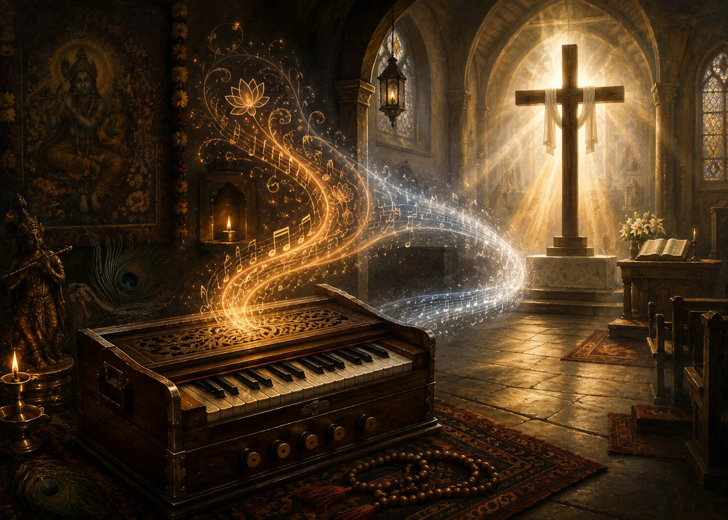 A harmonium in a candlelit chapel, ribbons of gold and silver music rising from its keys and crossing the floor toward a lit cross at the altar; a peacock feather and a small image of Krishna stand at the left