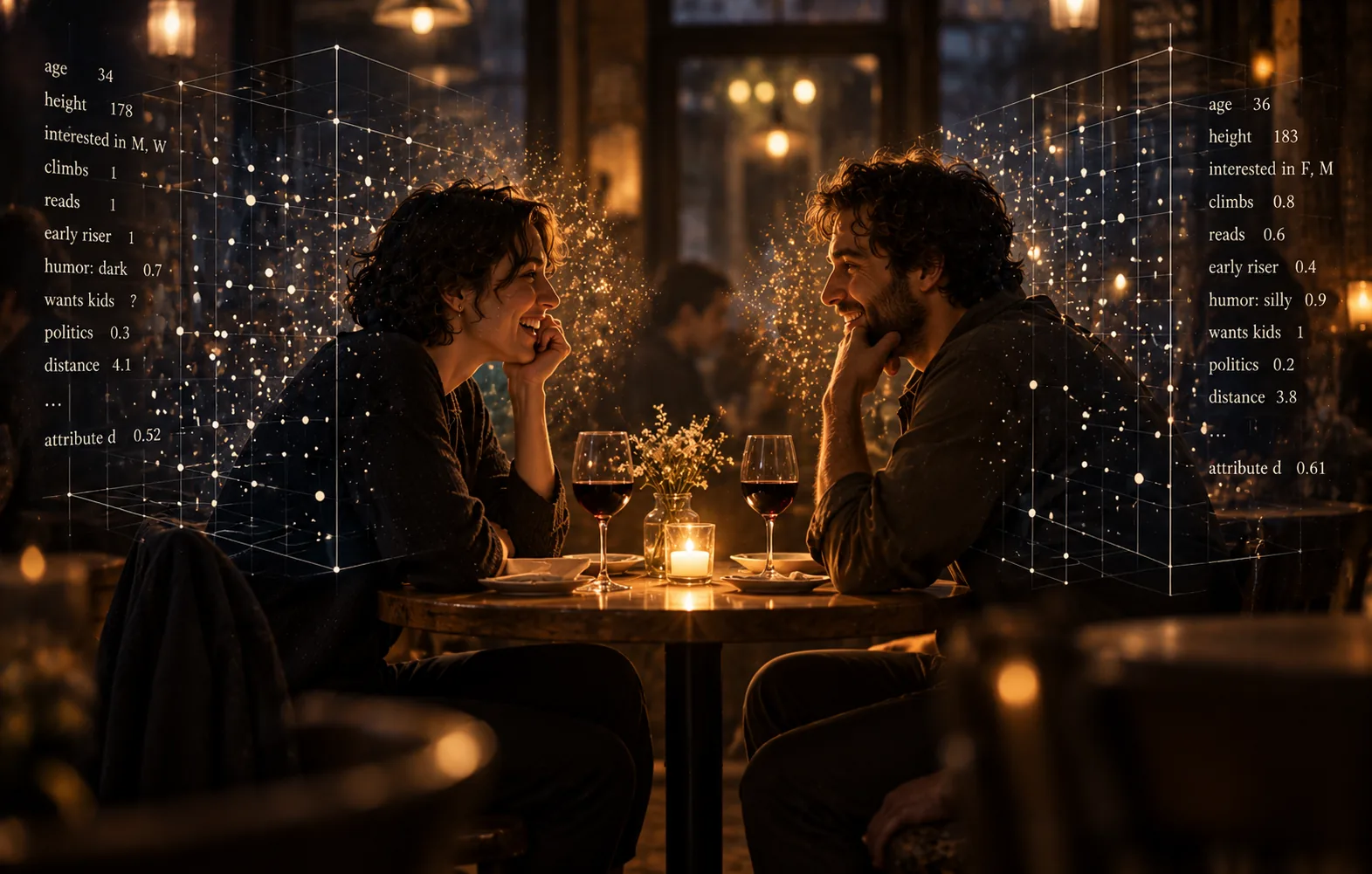 Two people lean toward each other across a small candlelit cafe table, chins in their hands, laughing, with two glasses of red wine and a jar of small white flowers between them. Around each of them hangs a faint three-dimensional grid of points, and beside each a column of numbers. The left column reads "age 34," "height 178," "interested in M, W," "climbs 1," "reads 1," "early riser 1," "humor: dark 0.7," "wants kids ?," "politics 0.3," "distance 4.1," an ellipsis, and "attribute d 0.52." The right column reads "age 36," "height 183," "interested in F, M," "climbs 0.8," "reads 0.6," "early riser 0.4," "humor: silly 0.9," "wants kids 1," "politics 0.2," "distance 3.8," an ellipsis, and "attribute d 0.61."