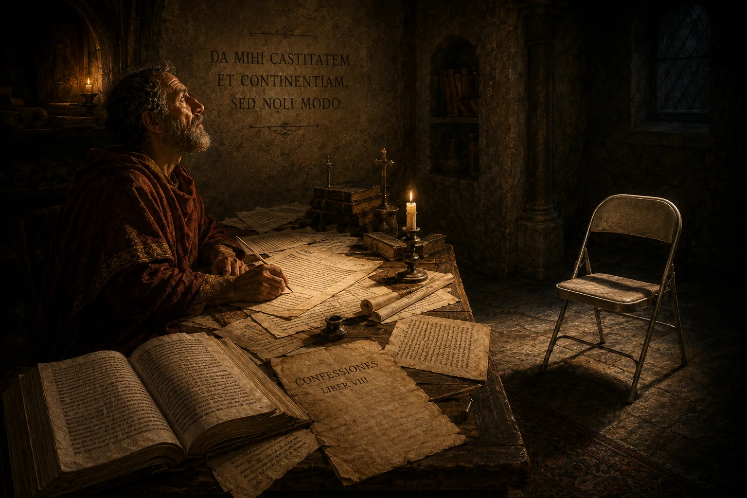 Augustine writing by candlelight among scattered pages of the Confessions, DA MIHI CASTITATEM ET CONTINENTIAM, SED NOLI MODO carved on the wall above him, and an empty modern folding chair in the corner