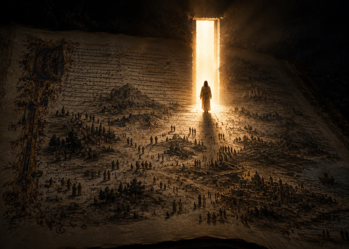 An open illuminated manuscript whose drawn landscape is crowded with tiny figures; a doorway of light has opened in the page itself, and someone stands in it, casting light across the world the page describes.