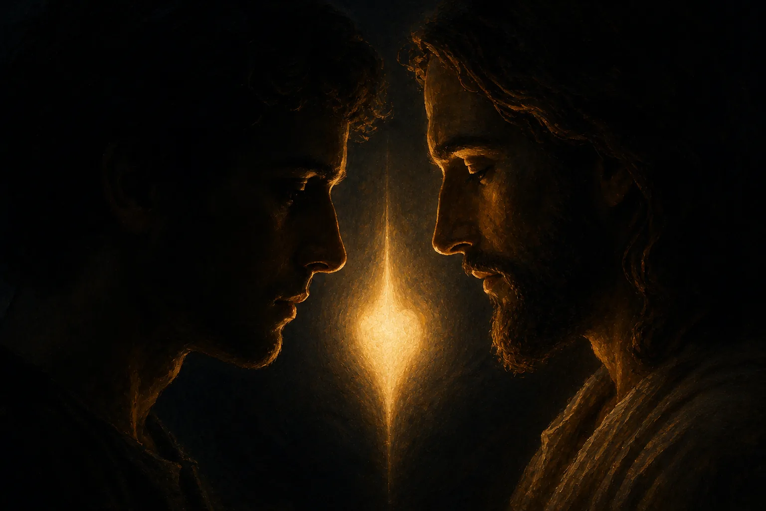 Two faces in profile turned toward each other in the dark, not touching, with a narrow flame burning in the gap between them