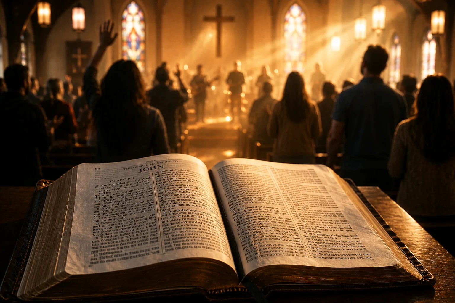 A Bible lying open at the Gospel of John on a back pew, with the congregation standing and singing in the lit church beyond it