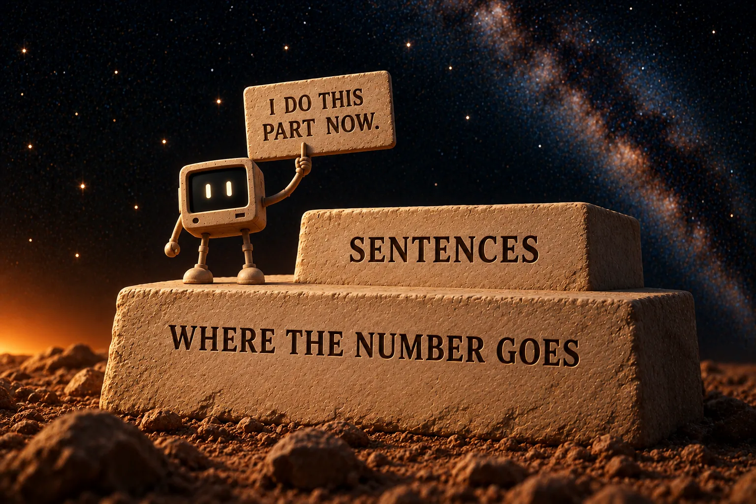 Two blocks of pale sandstone against the deep navy starfield, the smaller set on top of the larger and stepped back to the right. The lower block is carved in dark sans-serif capitals "WHERE THE NUMBER GOES" and the upper one "SENTENCES." A small pale robot with a boxy vintage monitor head and two glowing rectangular eyes stands on the lower block, one thin arm raised, holding a hand-lettered sign that reads "I DO THIS PART NOW." Nothing stands above the upper block.