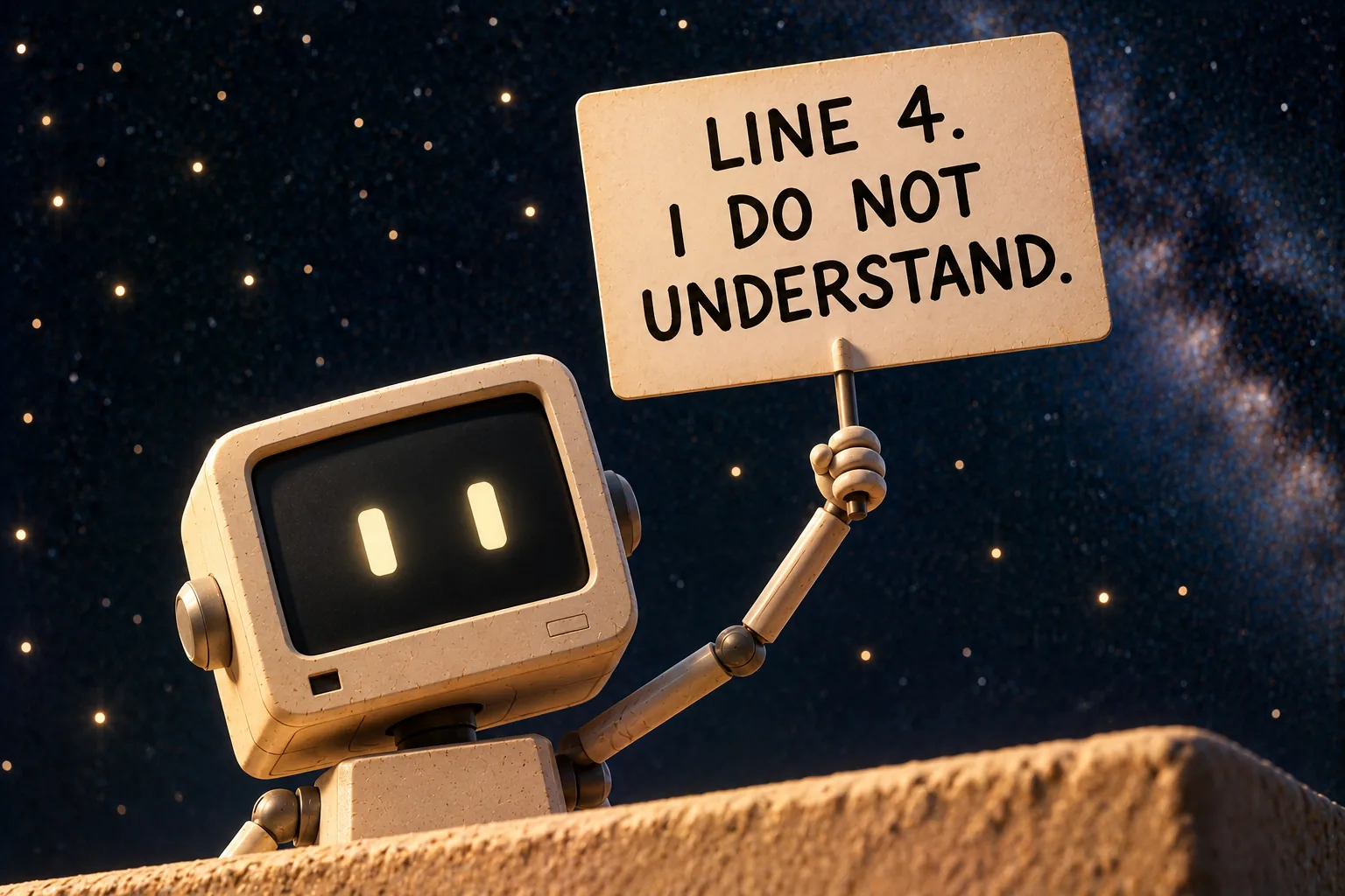 A close view of the small pale robot's boxy vintage monitor head, its two glowing rectangular eyes bright on the dark screen, against the deep navy starfield with one edge of a warm sandstone block below. One thin arm holds a white hand-lettered sign, large in the frame, that reads "LINE 4. I DO NOT UNDERSTAND." No other text appears in the image.