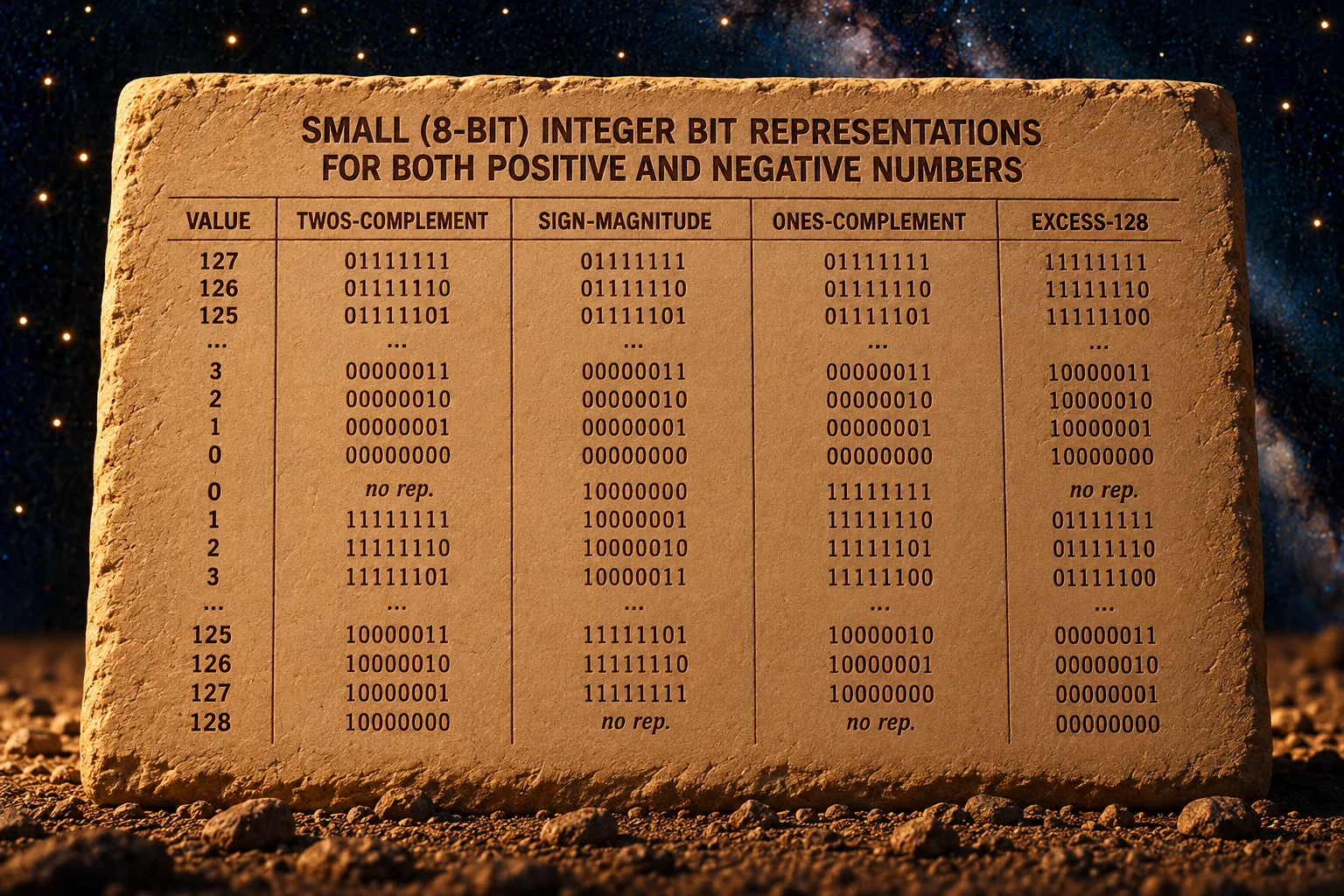 A slab of pale sandstone against the deep navy starfield, carved with a four-column table headed "SMALL (8-BIT) INTEGER BIT REPRESENTATIONS FOR BOTH POSITIVE AND NEGATIVE NUMBERS." The leftmost column is headed "VALUE" and the other four are "TWOS-COMPLEMENT", "SIGN-MAGNITUDE", "ONES-COMPLEMENT" and "EXCESS-128." Rows run down from 127, 126, 125, an ellipsis, 3, 2, 1, 0, then 0 again and down the negative side to 125, 126, 127, 128, each row giving the same value written as eight ones and zeros four different ways. Several cells read "no rep." instead of a number, where that scheme cannot write that value.