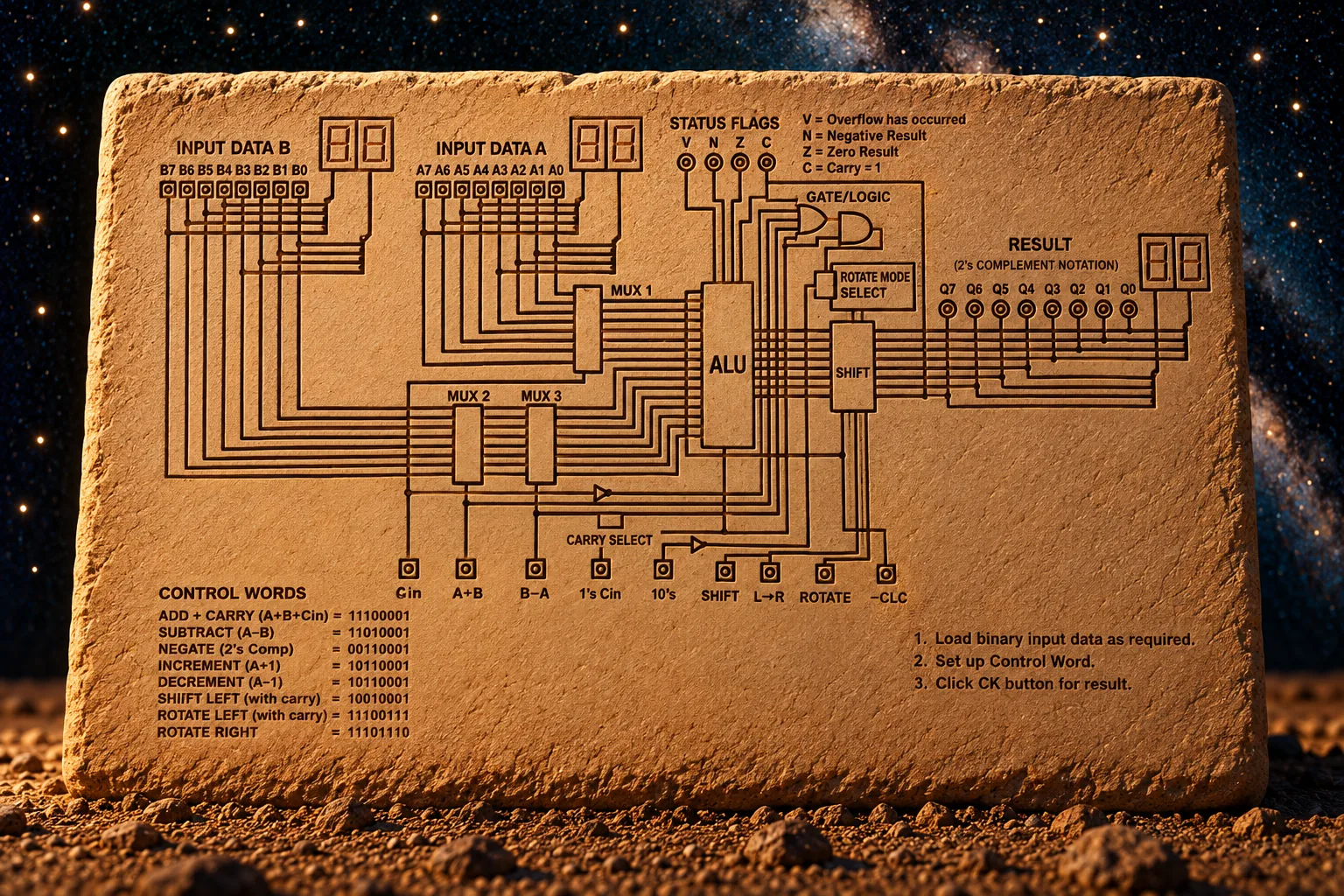 A slab of pale sandstone against the deep navy starfield, carved with a dense circuit schematic. Across the top, boxes labeled "INPUT DATA B" over bit labels "B7 B6 B5 B4 B3 B2 B1 B0" and "INPUT DATA A" over "A7 A6 A5 A4 A3 A2 A1 A0", with "STATUS FLAGS" and a legend reading "V = Overflow has occurred, N = Negative Result, Z = Zero Result, C = Carry Out." Dozens of engraved wires run down into boxes labeled "MUX 1", "MUX 2", "MUX 3", "ALU", "SHIFT", "GATE/LOGIC" and "ROTATE MODE SELECT", and out to a box labeled "RESULT (2’S COMPLEMENT NOTATION)" over bit labels "Q7 Q6 Q5 Q4 Q3 Q2 Q1 Q0." Along the bottom a table headed "CONTROL WORDS" lists "ADD + CARRY (A+B+Cin)", "SUBTRACT (A-B)", "NEGATE (2’s Comp)", "INCREMENT (A+1)", "DECREMENT (A-1)", "SHIFT LEFT (with carry)", "ROTATE LEFT (with carry)" and "ROTATE RIGHT", each against an eight-digit binary code, beside three numbered instructions: "1. Load binary input data as required. 2. Set up Control Word. 3. Click CK button for result."