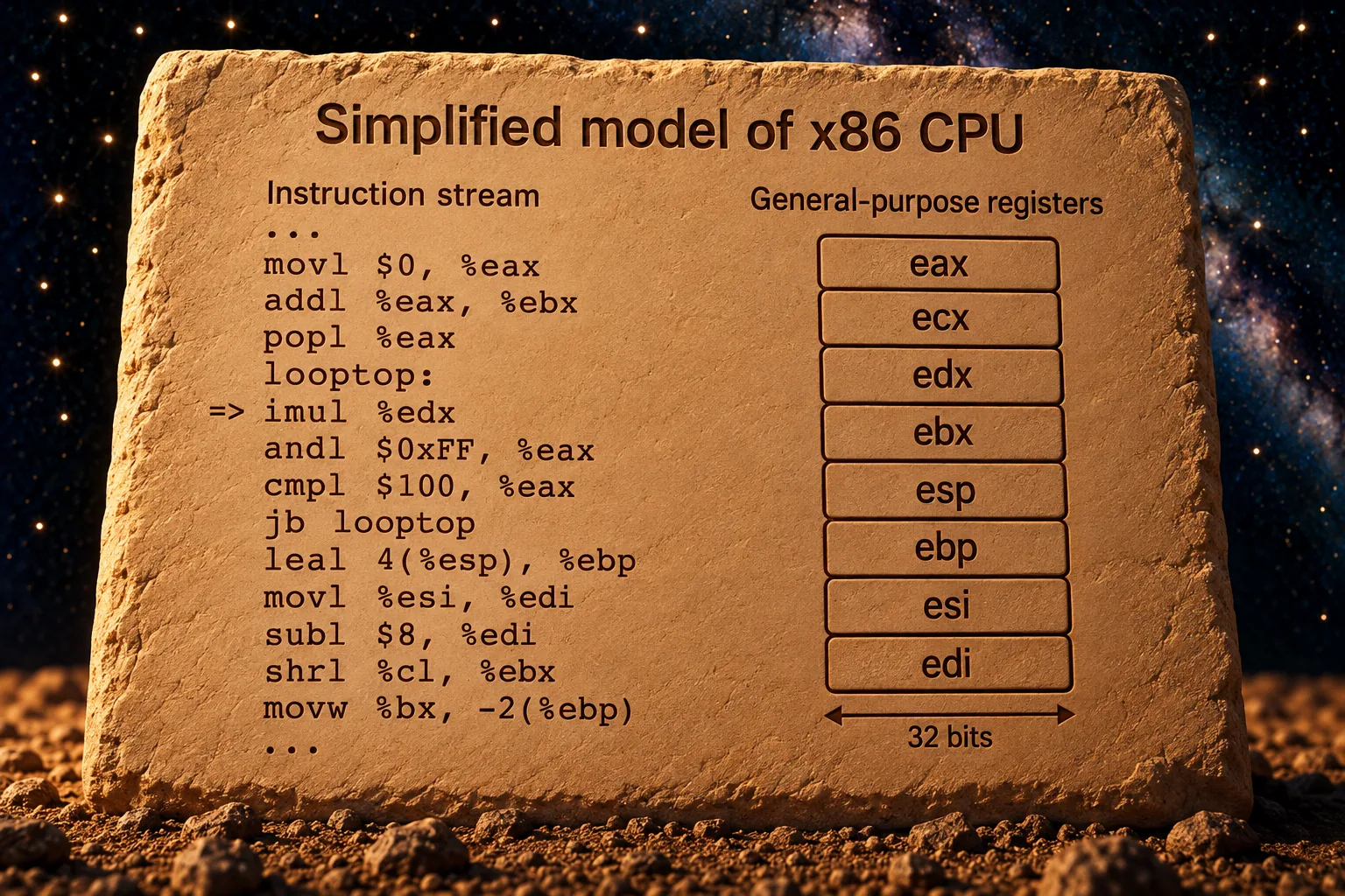 A slab of pale sandstone against the deep navy starfield, carved with a diagram headed "Simplified model of x86 CPU." On the left, under "Instruction stream", a column of assembly instructions in monospace, beginning and ending with an ellipsis: "movl $0, %eax", "addl %eax, %ebx", "popl %eax", a label "looptop:", then an arrow pointing at "imul %edx", then "andl $0xFF, %eax", "cmpl $100, %eax", "jb looptop", "leal 4(%esp), %ebp", "movl %esi, %edi", "subl $8, %edi", "shrl %cl, %ebx" and "movw %bx, -2(%ebp)." On the right, under "General-purpose registers", eight stacked boxes labeled "eax", "ecx", "edx", "ebx", "esp", "ebp", "esi" and "edi", with a double-headed arrow beneath them marked "32 bits."