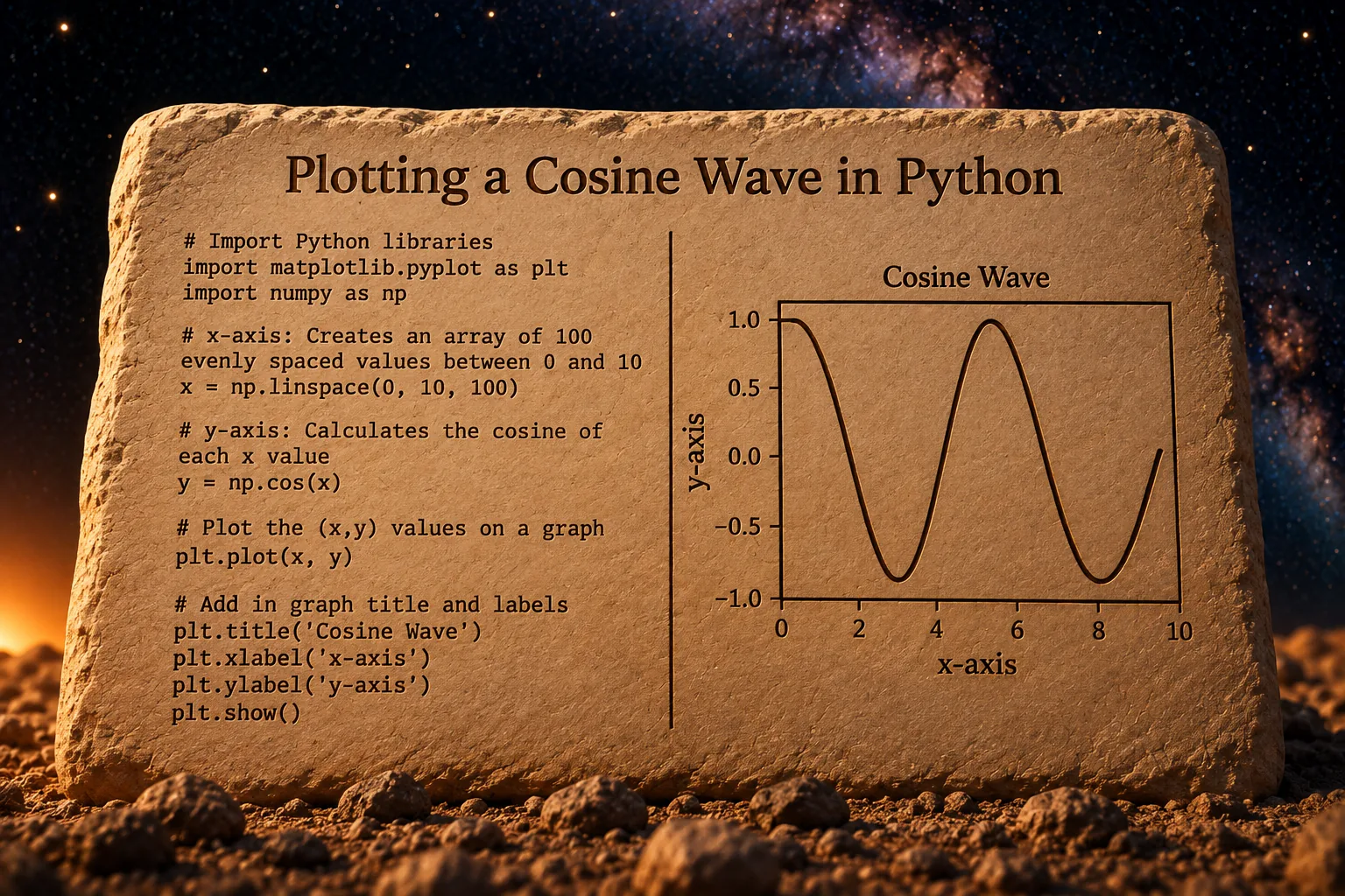 A slab of pale sandstone against the deep navy starfield, carved with a panel headed "Plotting a Cosine Wave in Python." On the left, nine lines of Python in monospace, with comments: "# Import Python libraries", "import matplotlib.pyplot as plt", "import numpy as np"; "# x-axis: Creates an array of 100 evenly spaced values between 0 and 10", "x = np.linspace(0, 10, 100)"; "# y-axis: Calculates the cosine of each x value", "y = np.cos(x)"; "# Plot the (x,y) values on a graph", "plt.plot(x, y)"; "# Add in graph title and labels", "plt.title(‘Cosine Wave’)", "plt.xlabel(‘x-axis’)", "plt.ylabel(‘y-axis’)", "plt.show()". On the right, the graph those lines produce: a cosine curve titled "Cosine Wave", starting at 1.0, falling to a trough near 3, rising to a peak near 6 and falling again near 9, with "x-axis" below and "y-axis" beside it.
