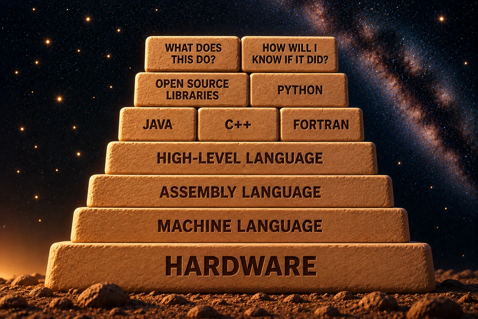 A stepped pyramid of pale sandstone blocks against the deep navy starfield, each step carved with a label, read from the bottom up: "HARDWARE", "MACHINE LANGUAGE", "ASSEMBLY LANGUAGE", "HIGH-LEVEL LANGUAGE", then a row of three smaller blocks side by side reading "Java", "C++" and "Fortran", then a row of two blocks reading "OPEN SOURCE LIBRARIES" and "PYTHON", and at the top two separate small blocks side by side reading "WHAT DOES THIS DO?" and "HOW WILL I KNOW IF IT DID?"