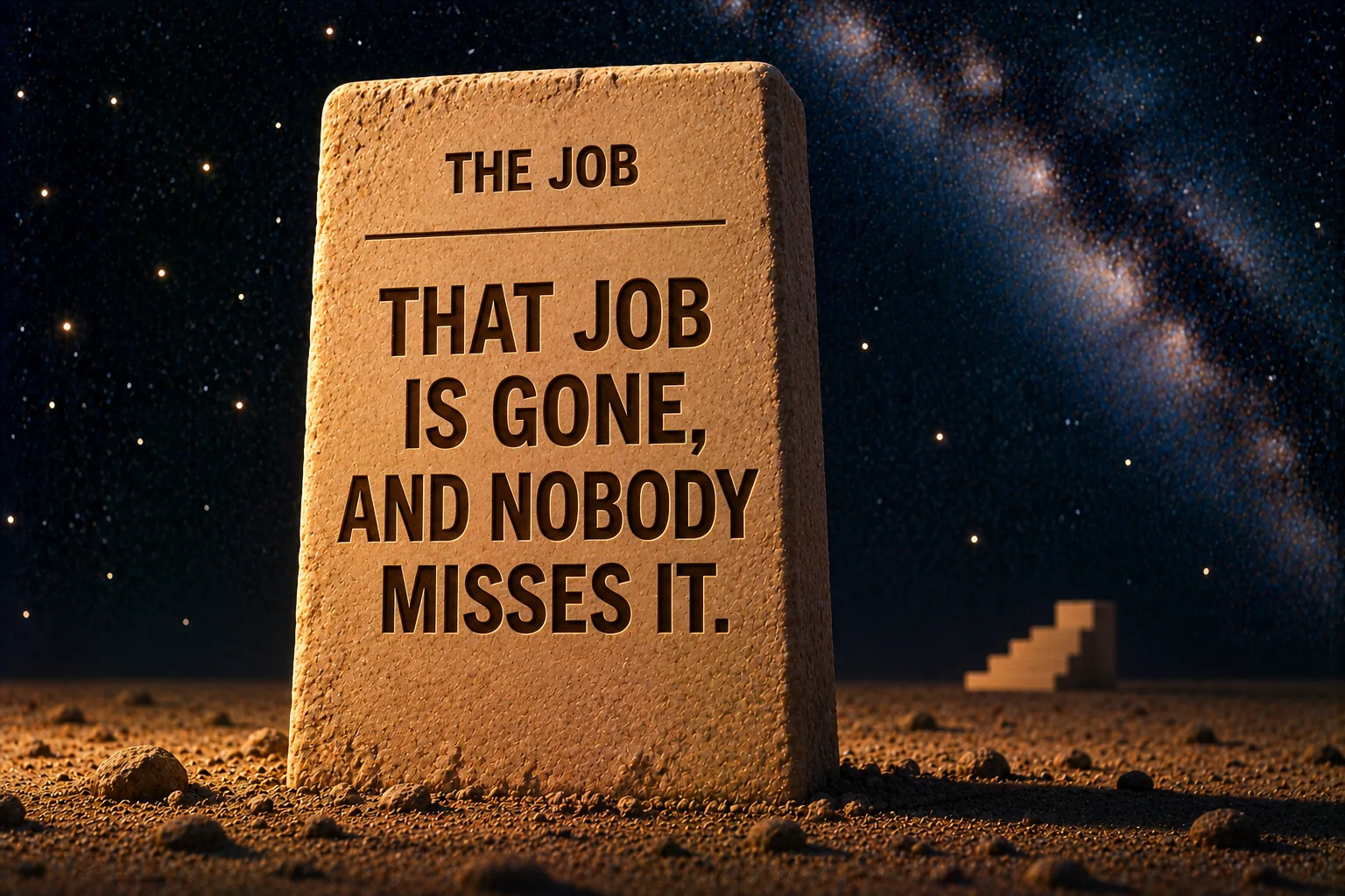A tall upright standing stone of pale sandstone is planted in dark sand against a deep navy starfield, with the four-step staircase small and far behind it. Incised into its face in dark capitals: "THE JOB" above a thin rule, and beneath the rule, larger, "THAT JOB IS GONE, AND NOBODY MISSES IT."