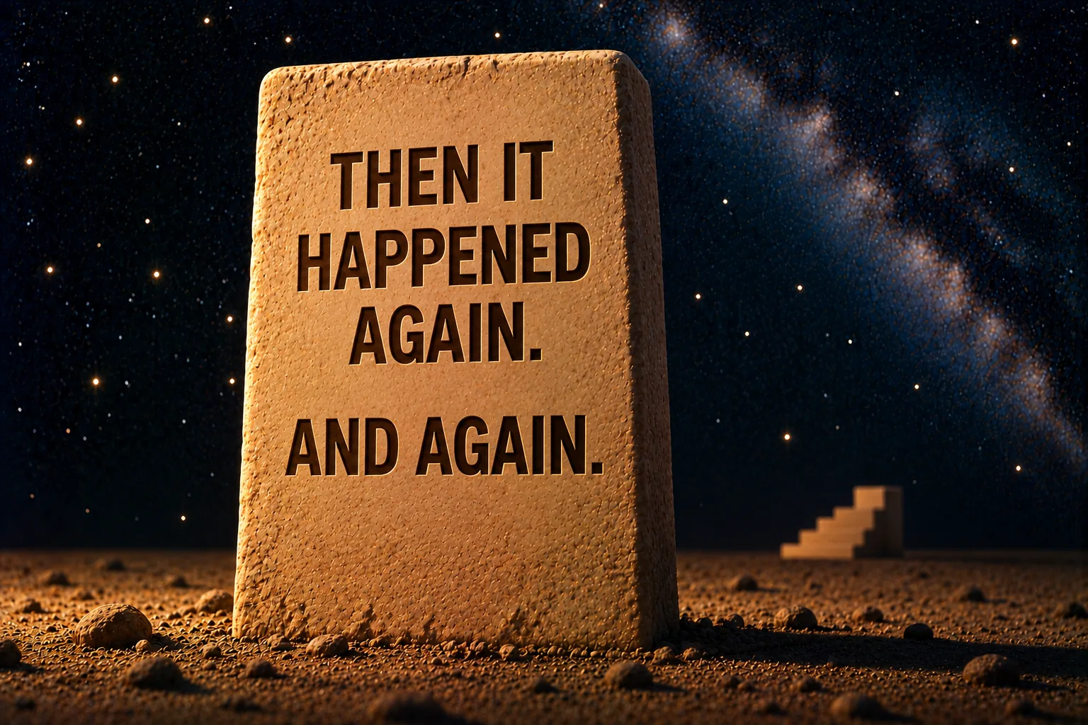 The same tall standing stone of pale sandstone planted in dark sand against the deep navy starfield, the staircase small and far behind it. Incised into its face in dark capitals: "THEN IT HAPPENED AGAIN." and, after a gap, "AND AGAIN."