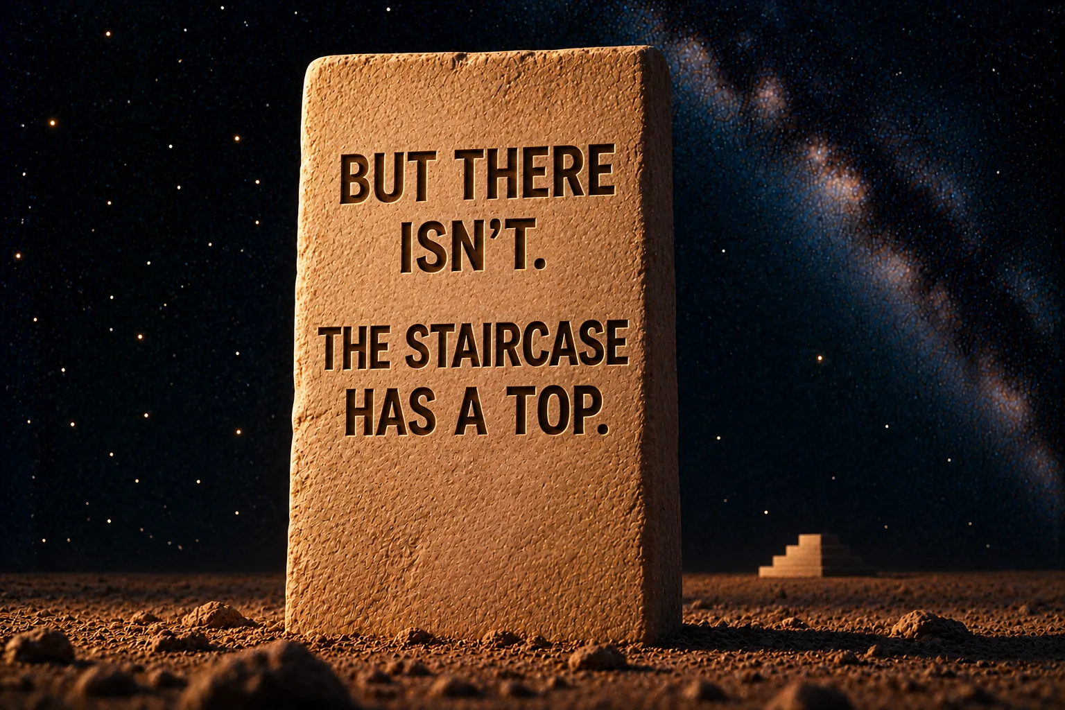 The same tall standing stone of pale sandstone planted in dark sand against the deep navy starfield, the staircase small and far behind it. Incised into its face in dark capitals: "BUT THERE ISN’T." and, after a gap, "THE STAIRCASE HAS A TOP."