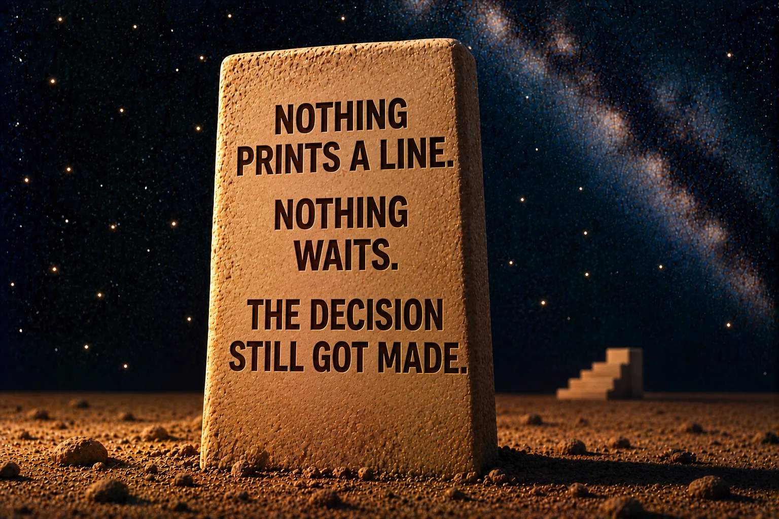 The same tall standing stone of pale sandstone planted in dark sand against the deep navy starfield, the staircase small and far behind it. Incised into its face in dark capitals: "NOTHING PRINTS A LINE." then "NOTHING WAITS." then "THE DECISION STILL GOT MADE."