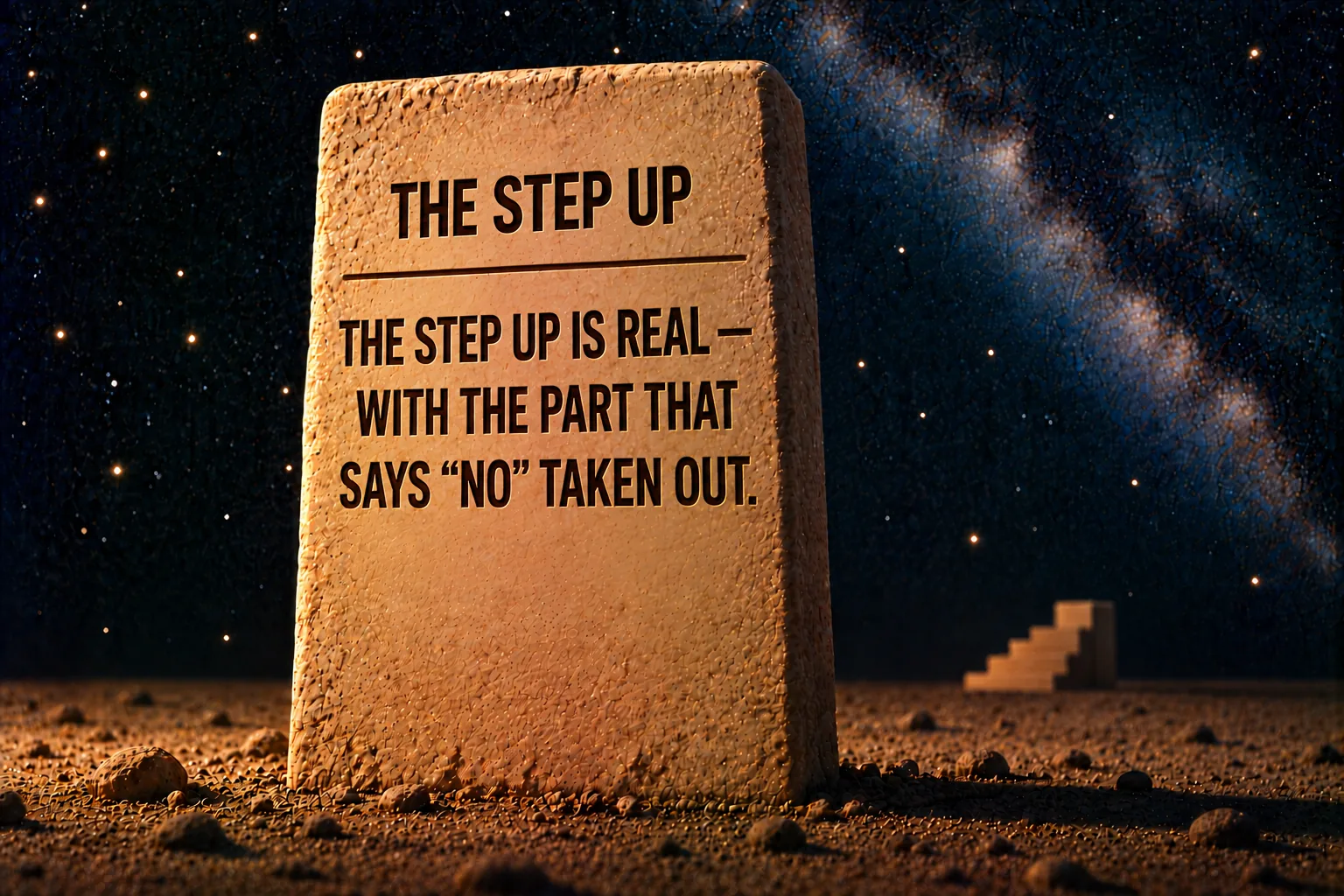 The same tall standing stone of pale sandstone planted in dark sand against the deep navy starfield, the staircase small and far behind it. Incised into its face in dark capitals: "THE STEP UP" above a thin rule, and beneath the rule "THE STEP UP IS REAL — WITH THE PART THAT SAYS “NO” TAKEN OUT."