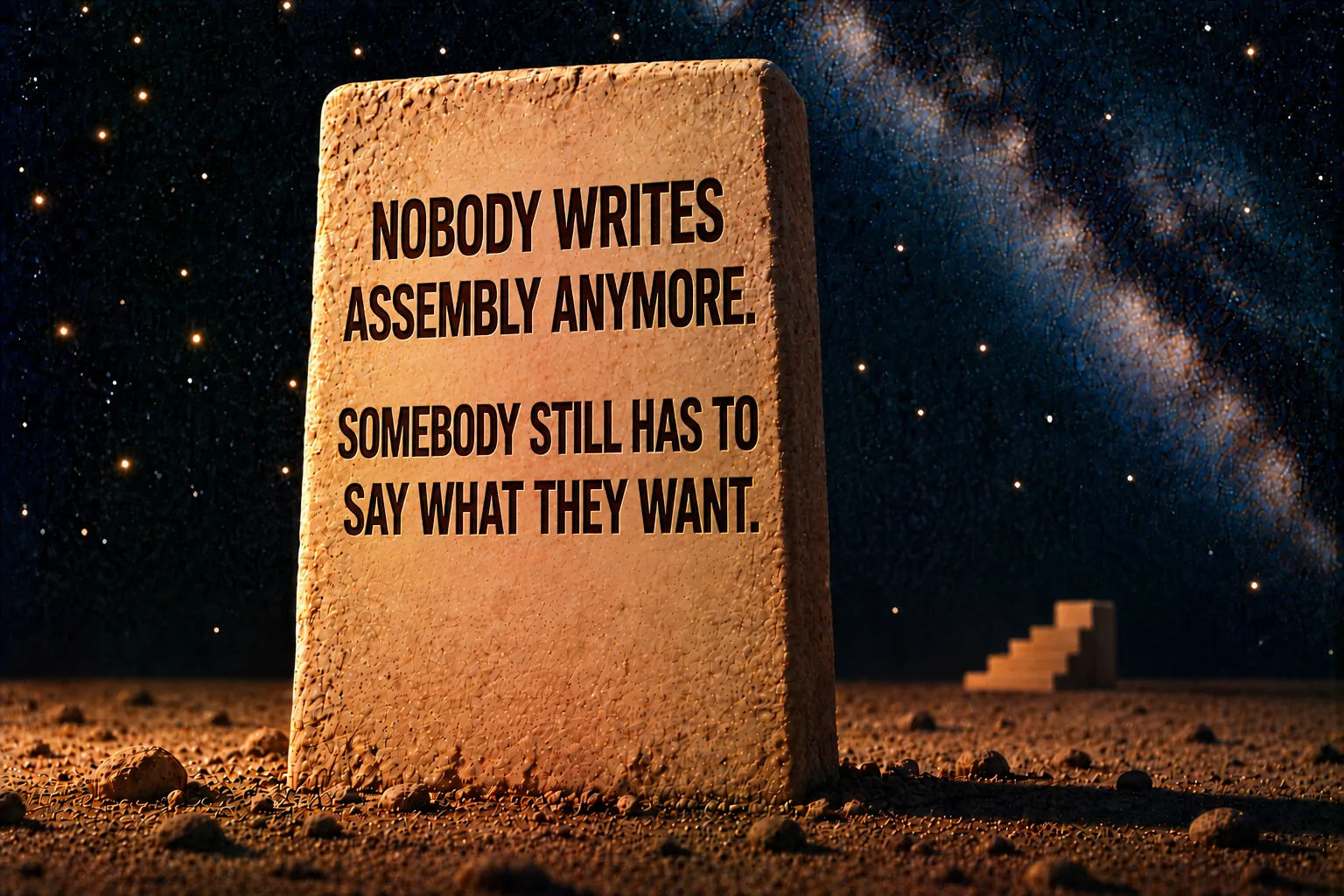 The same tall standing stone of pale sandstone planted in dark sand against the deep navy starfield, the staircase small and far behind it. Incised into its face in dark capitals: "NOBODY WRITES ASSEMBLY ANYMORE." and, after a gap, "SOMEBODY STILL HAS TO SAY WHAT THEY WANT."