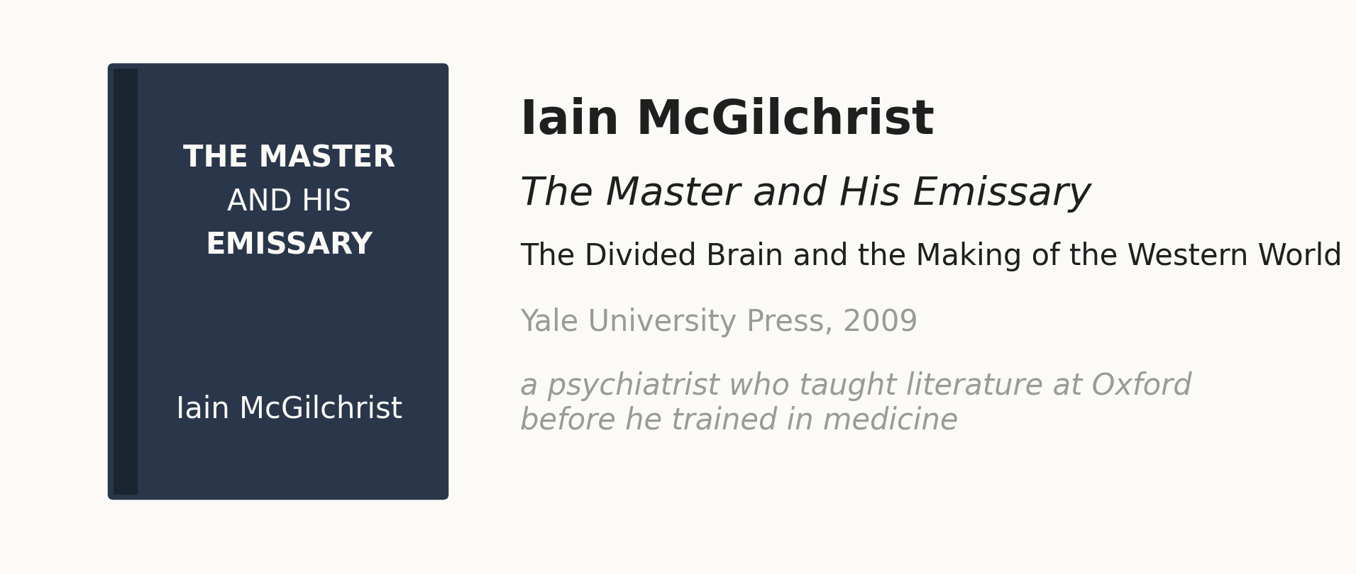 A dark blue book shape beside its details. The cover reads "THE MASTER AND HIS EMISSARY" and "Iain McGilchrist." To the right: "Iain McGilchrist," "The Master and His Emissary," "The Divided Brain and the Making of the Western World," "Yale University Press, 2009," and in mute italic, "a psychiatrist who taught literature at Oxford before he trained in medicine."