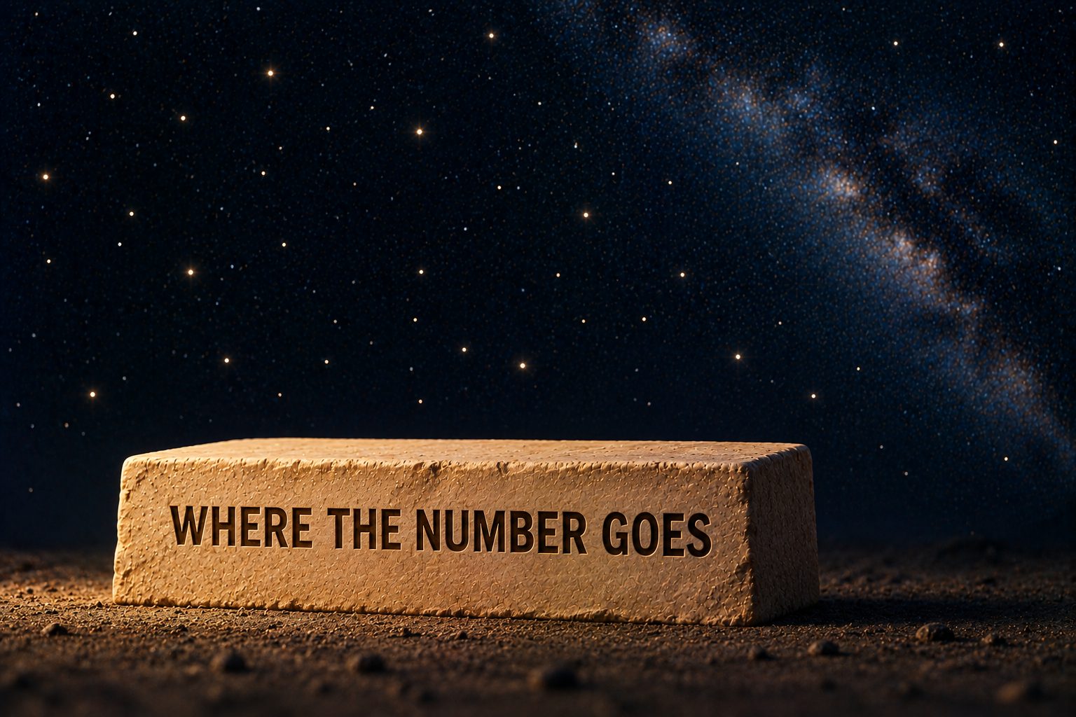 A single block of warm sandstone stands alone on dark ground against a deep navy starfield, with a band of the Milky Way at the upper right. The front face of the block carries a label incised in bold dark capitals: "WHERE THE NUMBER GOES." Nothing stands above or beside the block, and most of the frame is empty sky. No other text appears in the image.