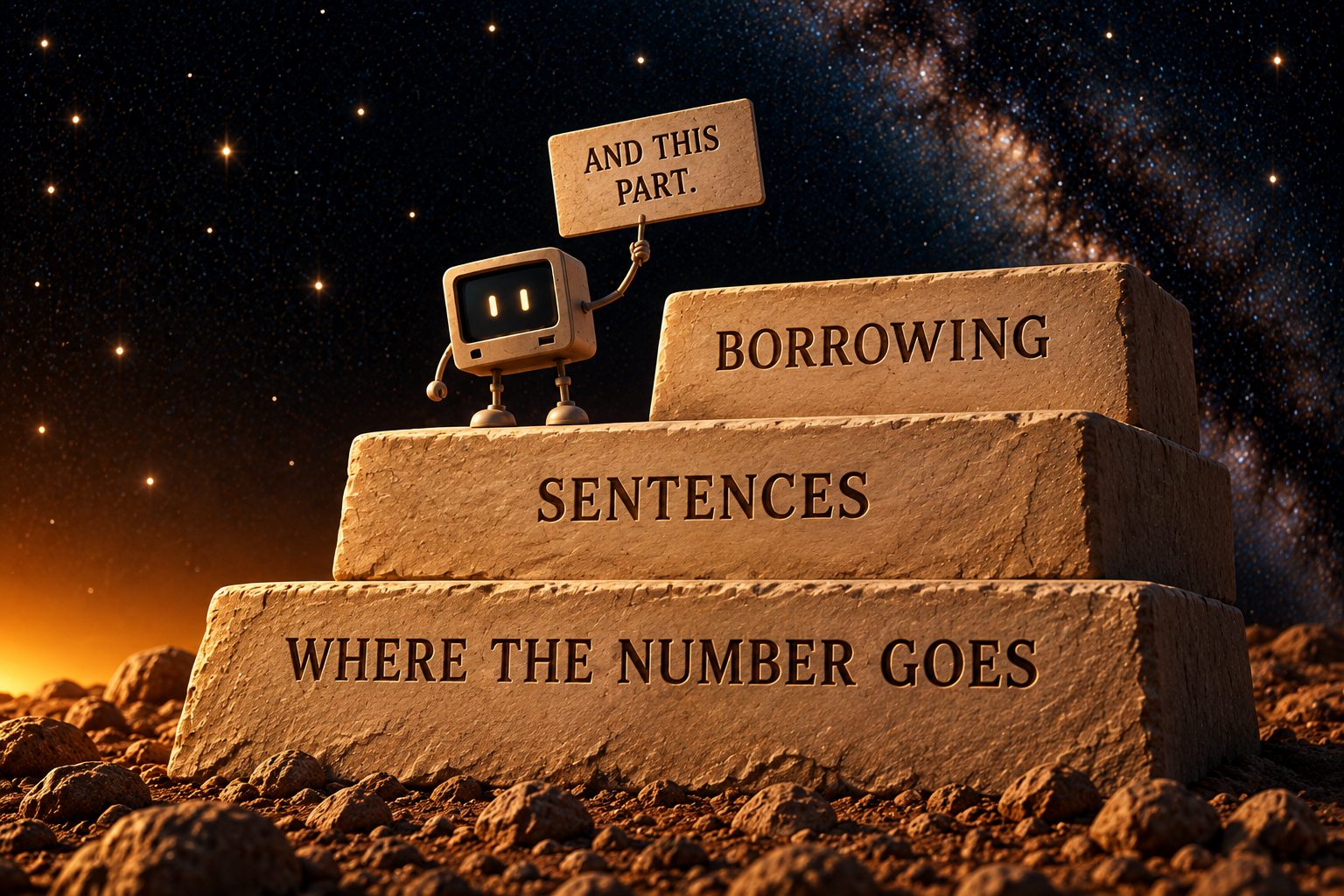 Three blocks of pale sandstone against the deep navy starfield, each set on the one below and stepped back to the right. The labels are carved in dark sans-serif capitals, read from the bottom up: "WHERE THE NUMBER GOES", "SENTENCES", "BORROWING." The small pale robot with the boxy vintage monitor head and glowing rectangular eyes stands on the middle block, one thin arm raised, holding a hand-lettered sign that reads "AND THIS PART." Nothing stands above the top block.
