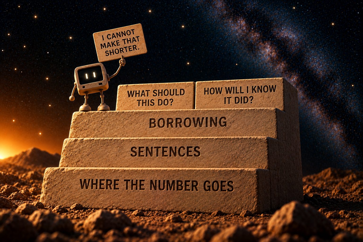 A stepped pyramid of pale sandstone against the deep navy starfield, carved in dark sans-serif capitals and read from the bottom up: "WHERE THE NUMBER GOES", "SENTENCES", "BORROWING", and on top two smaller blocks side by side reading "WHAT SHOULD THIS DO?" and "HOW WILL I KNOW IT DID?" The small pale robot with the boxy vintage monitor head and glowing rectangular eyes stands on the "BORROWING" step, below the two questions, one thin arm raised, holding a hand-lettered sign that reads "I CANNOT MAKE THAT SHORTER."