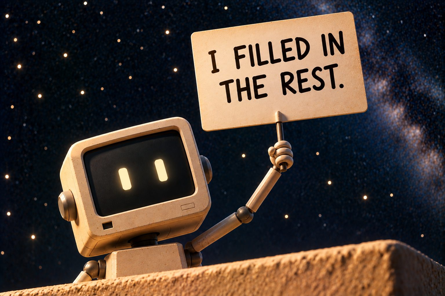 The identical close view of the same small pale robot's monitor head and glowing rectangular eyes against the deep navy starfield, with the same edge of warm sandstone below and the same thin arm holding a white hand-lettered sign in the same place in the frame. The sign now reads "I FILLED IN THE REST." No other text appears in the image.