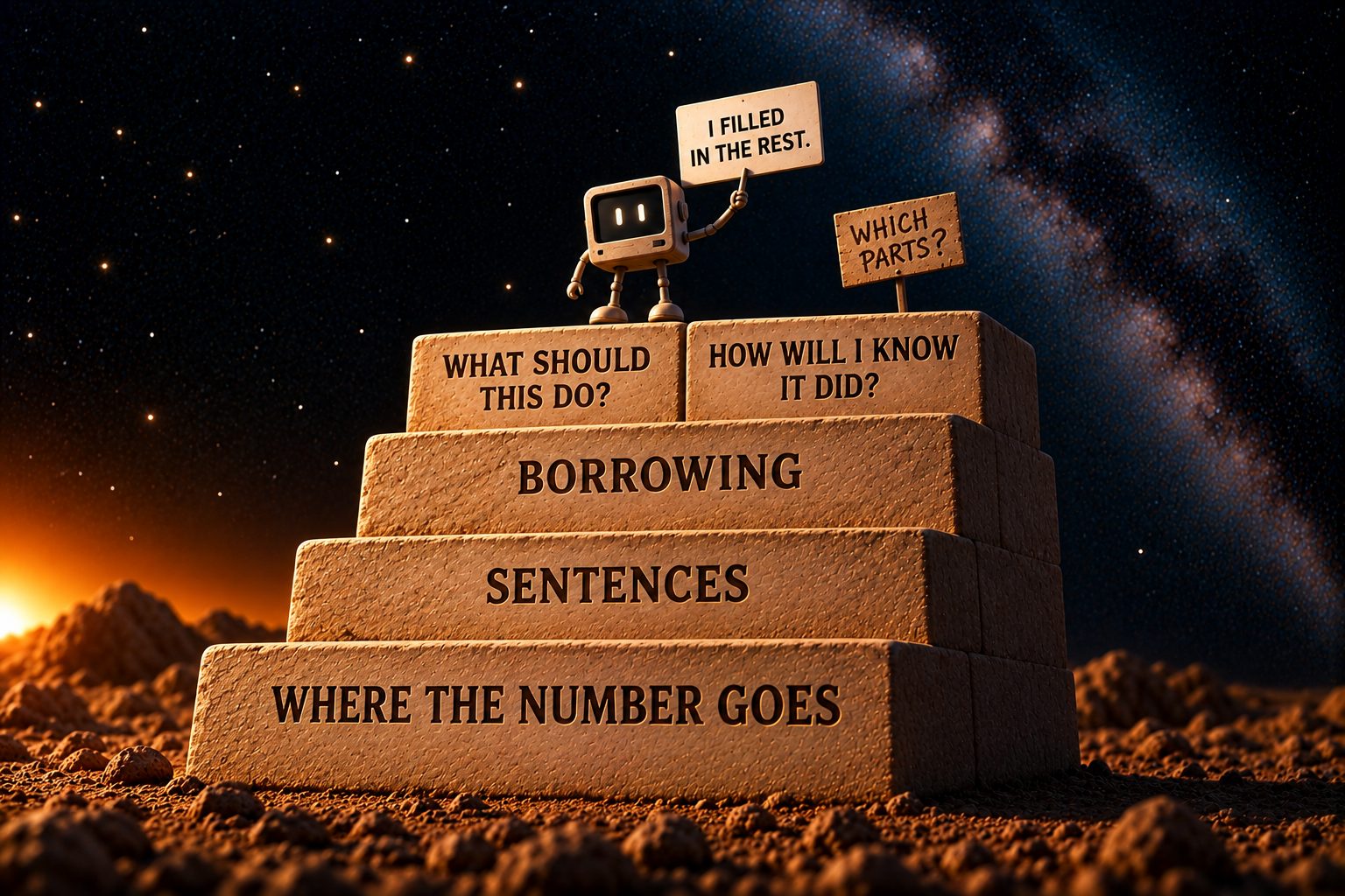 A stepped pyramid of pale sandstone against the deep navy starfield, carved in dark capitals and read from the bottom up: "WHERE THE NUMBER GOES", "SENTENCES", "BORROWING", and on top two smaller blocks side by side reading "WHAT SHOULD THIS DO?" and "HOW WILL I KNOW IT DID?" The small pale robot with the boxy vintage monitor head and glowing rectangular eyes stands on the top step between the two question blocks, one thin arm raised, holding a hand-lettered sign that reads "I FILLED IN THE REST." Planted upright in the stone to the right of the robot, held by nobody and standing lower than the robot’s sign, a second hand-lettered sign reads "WHICH PARTS?"