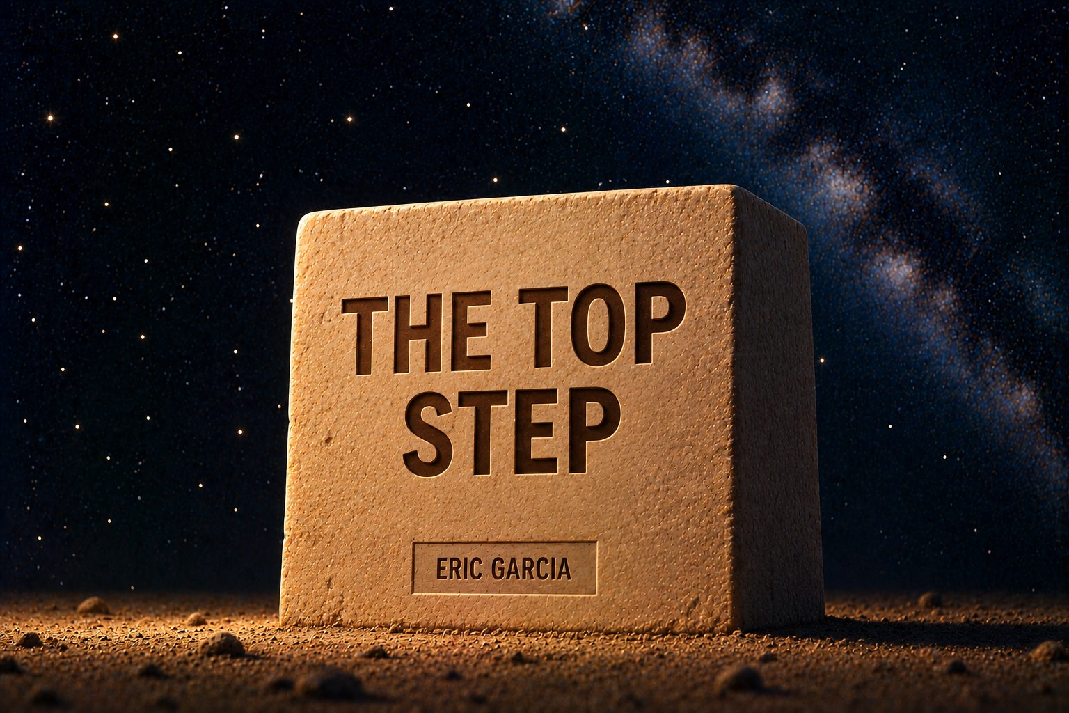 A single tall block of pale sandstone stands alone on dark sand against a deep navy starfield with the Milky Way at the upper right. Incised into its face in large dark capitals, on two lines, "THE TOP" above "STEP." A small plaque set into the stone at the foot of the block reads "ERIC GARCIA." Nothing stands above or beside the block.