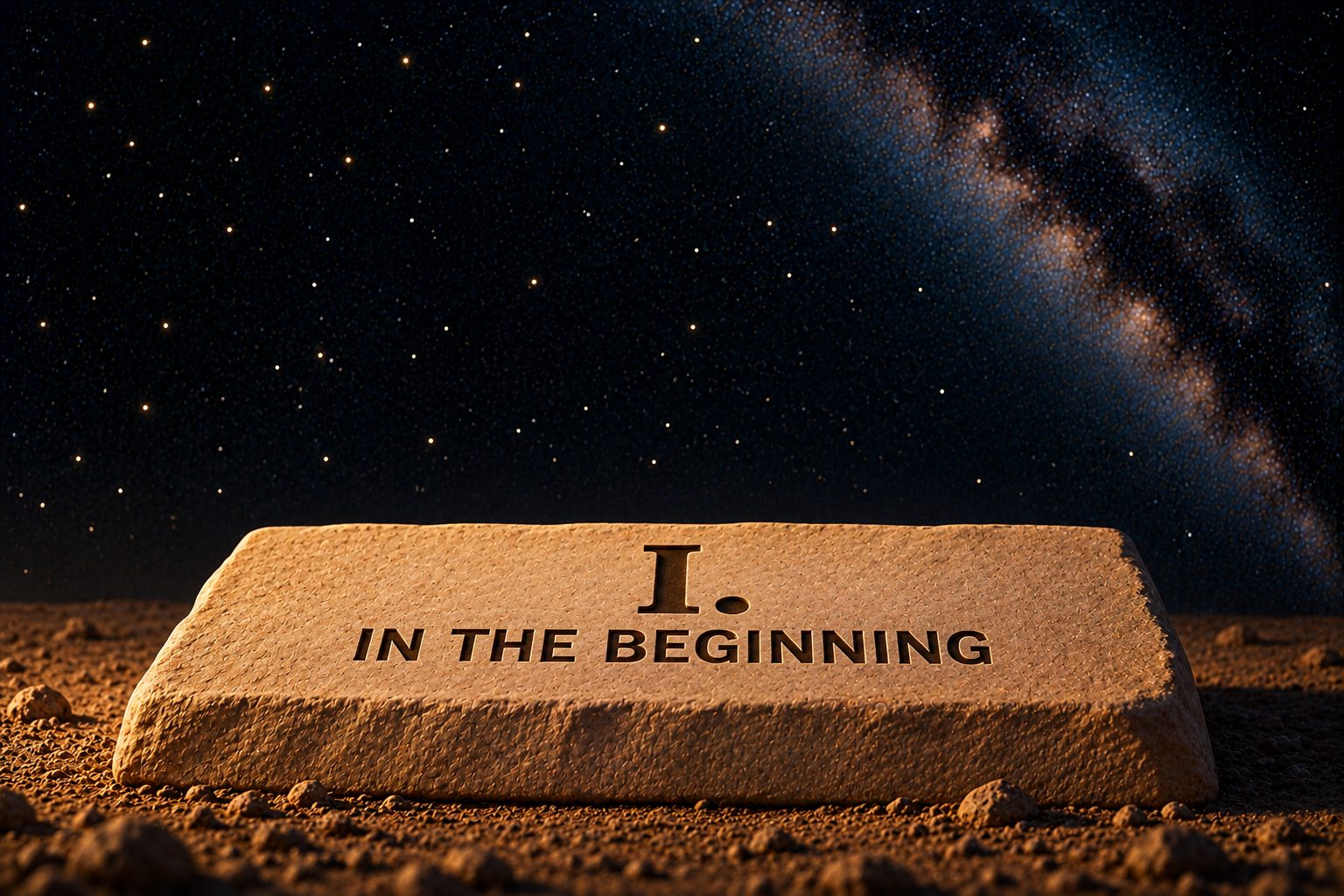 A broad, low slab of pale sandstone lies flat on dark sand against a deep navy starfield with the Milky Way at the upper right. Incised into its top face in dark capitals, a large Roman numeral "I." above the words "IN THE BEGINNING." Nothing else is in the frame.