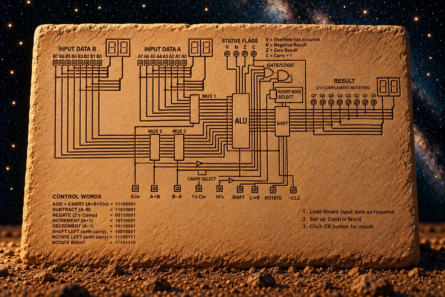 A slab of pale sandstone against the deep navy starfield, carved with a dense circuit schematic. Across the top, boxes labeled "INPUT DATA B" over bit labels "B7 B6 B5 B4 B3 B2 B1 B0" and "INPUT DATA A" over "A7 A6 A5 A4 A3 A2 A1 A0", with "STATUS FLAGS" and a legend reading "V = Overflow has occurred, N = Negative Result, Z = Zero Result, C = Carry Out." Dozens of engraved wires run down into boxes labeled "MUX 1", "MUX 2", "MUX 3", "ALU", "SHIFT", "GATE/LOGIC" and "ROTATE MODE SELECT", and out to a box labeled "RESULT (2’S COMPLEMENT NOTATION)" over bit labels "Q7 Q6 Q5 Q4 Q3 Q2 Q1 Q0." Along the bottom a table headed "CONTROL WORDS" lists "ADD + CARRY (A+B+Cin)", "SUBTRACT (A-B)", "NEGATE (2’s Comp)", "INCREMENT (A+1)", "DECREMENT (A-1)", "SHIFT LEFT (with carry)", "ROTATE LEFT (with carry)" and "ROTATE RIGHT", each against an eight-digit binary code, beside three numbered instructions: "1. Load binary input data as required. 2. Set up Control Word. 3. Click CK button for result."