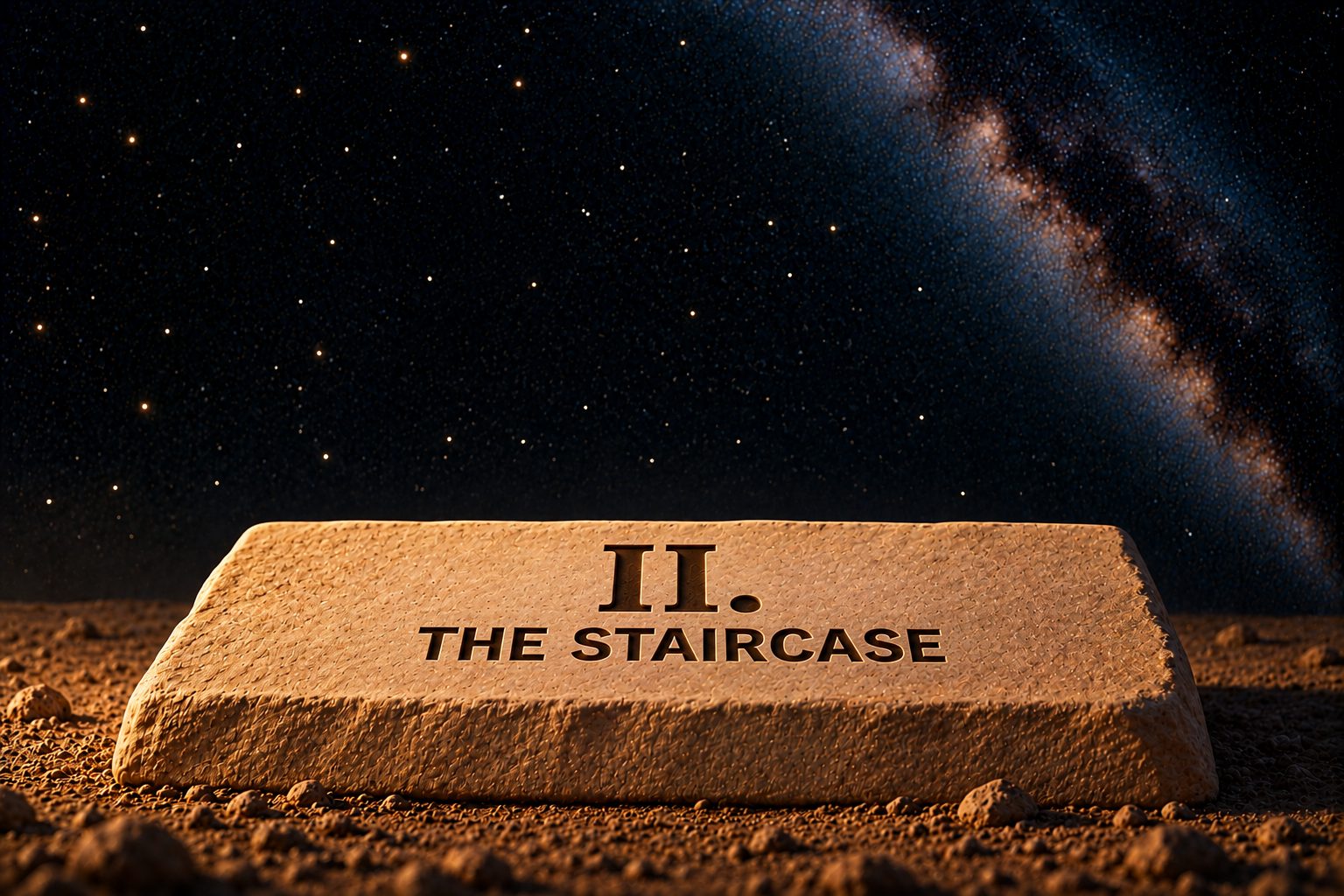 The same broad, low slab of pale sandstone on dark sand against the deep navy starfield. Incised into its top face, a large Roman numeral "II." above the words "THE STAIRCASE." Nothing else is in the frame.