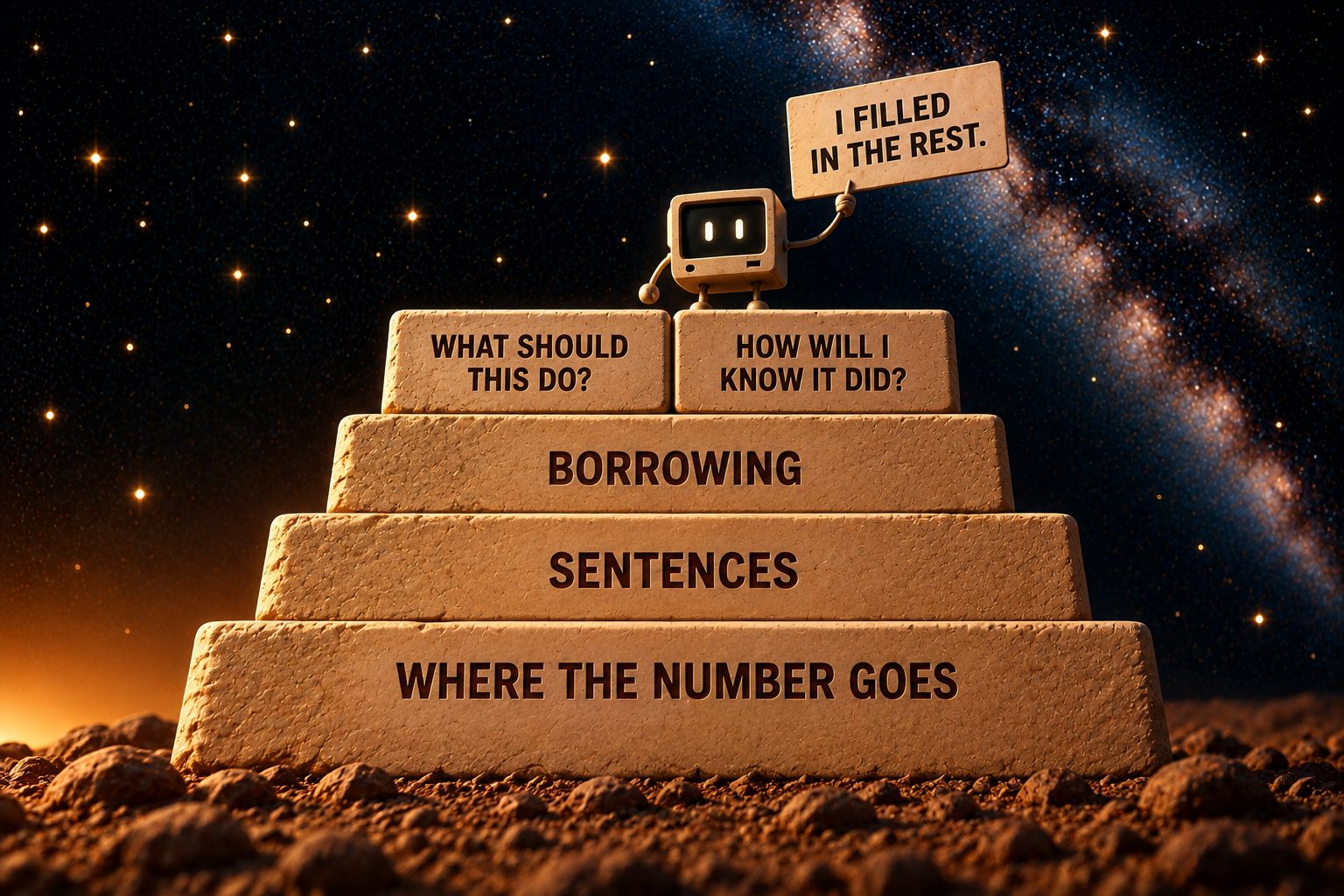 A stepped pyramid of pale sandstone blocks against the deep navy starfield, carved and read from the bottom up: "WHERE THE NUMBER GOES", "SENTENCES", "BORROWING", and on top two smaller blocks side by side reading "WHAT SHOULD THIS DO?" and "HOW WILL I KNOW IT DID?" A small pale robot with a boxy vintage monitor head and two glowing rectangular eyes stands on the top step, one thin arm raised, holding a white hand-lettered sign that reads "I FILLED IN THE REST."