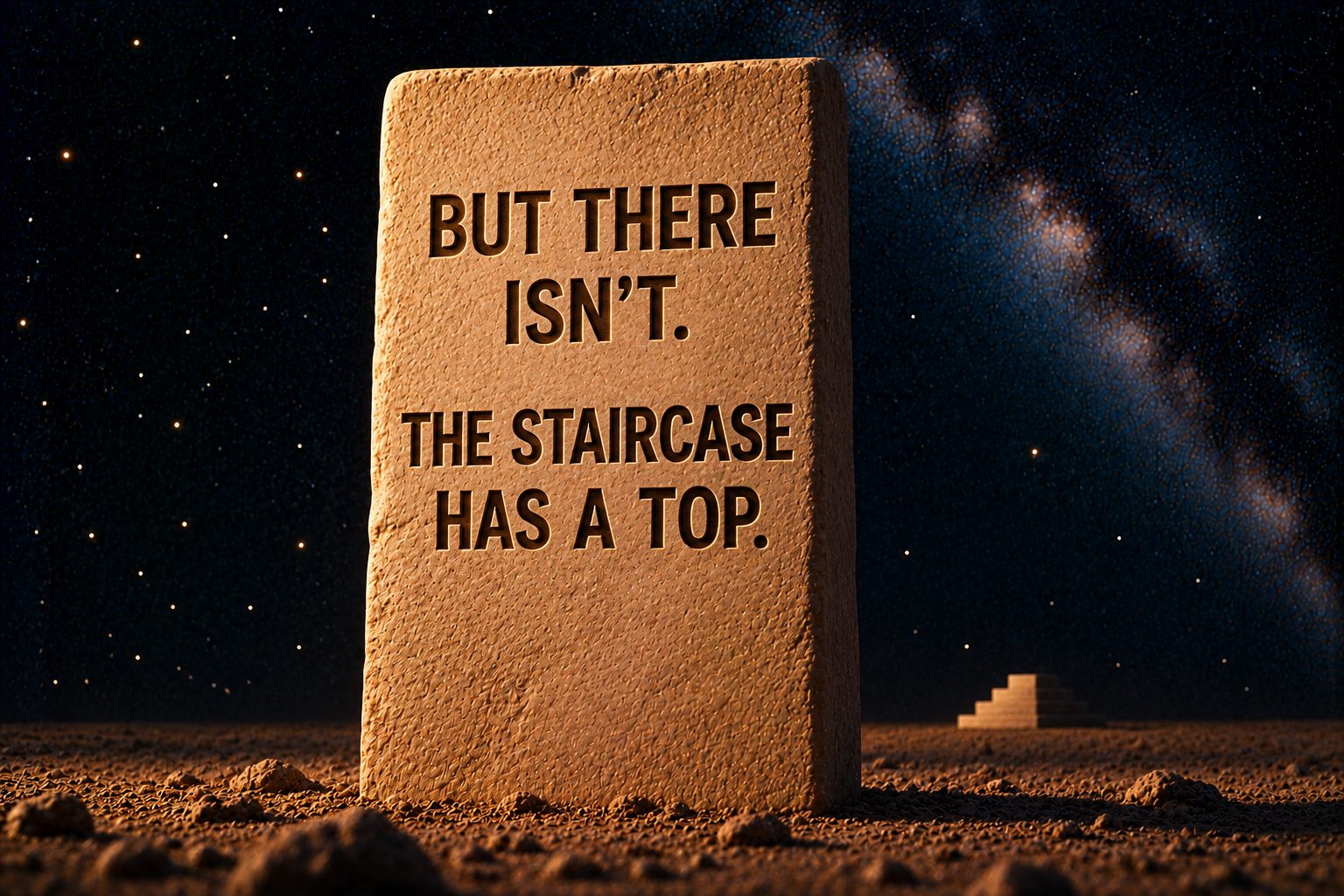 The same tall standing stone of pale sandstone planted in dark sand against the deep navy starfield, the staircase small and far behind it. Incised into its face in dark capitals: "BUT THERE ISN’T." and, after a gap, "THE STAIRCASE HAS A TOP."