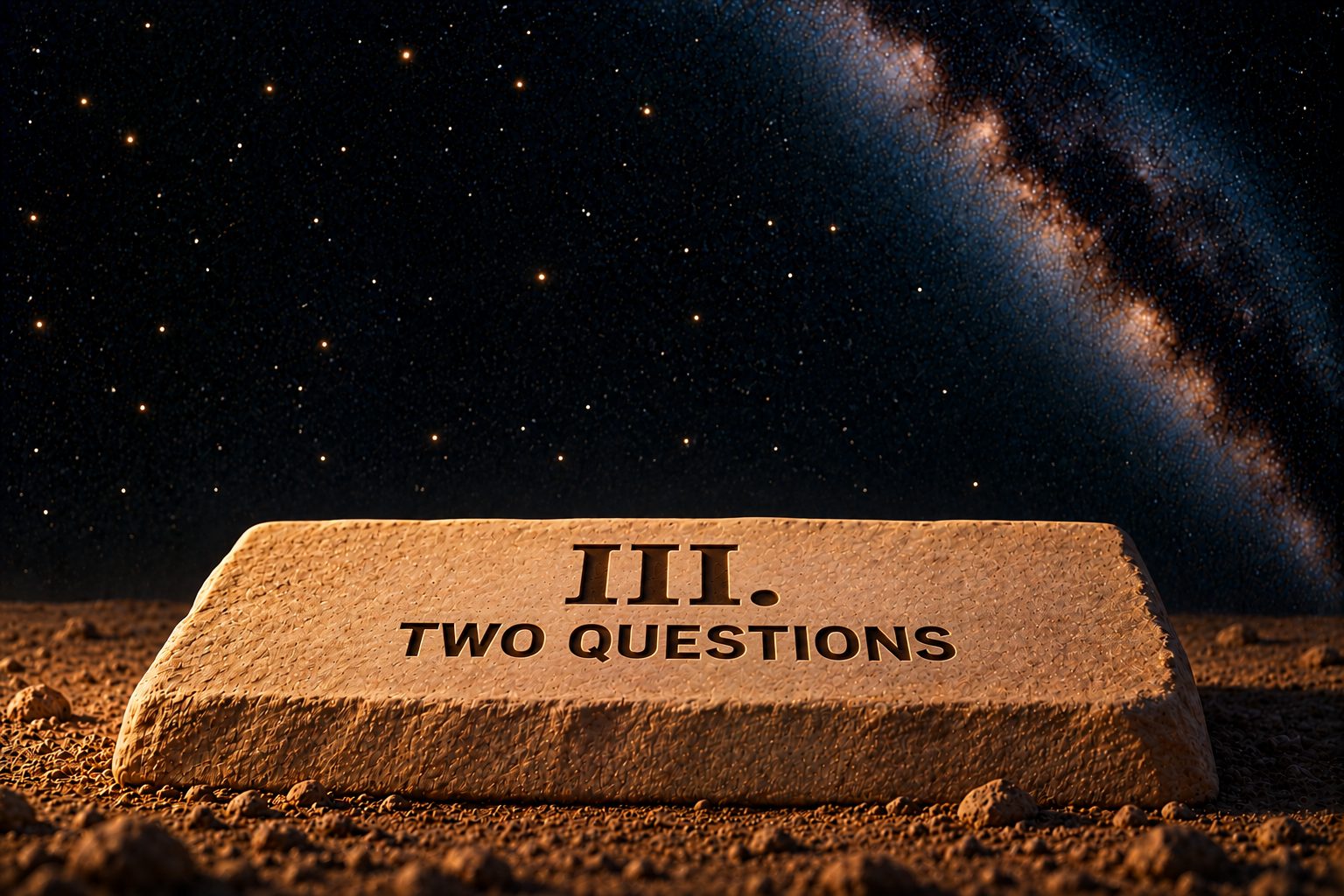 The same broad, low slab of pale sandstone on dark sand against the deep navy starfield. Incised into its top face, a large Roman numeral "III." above the words "TWO QUESTIONS." Nothing else is in the frame.