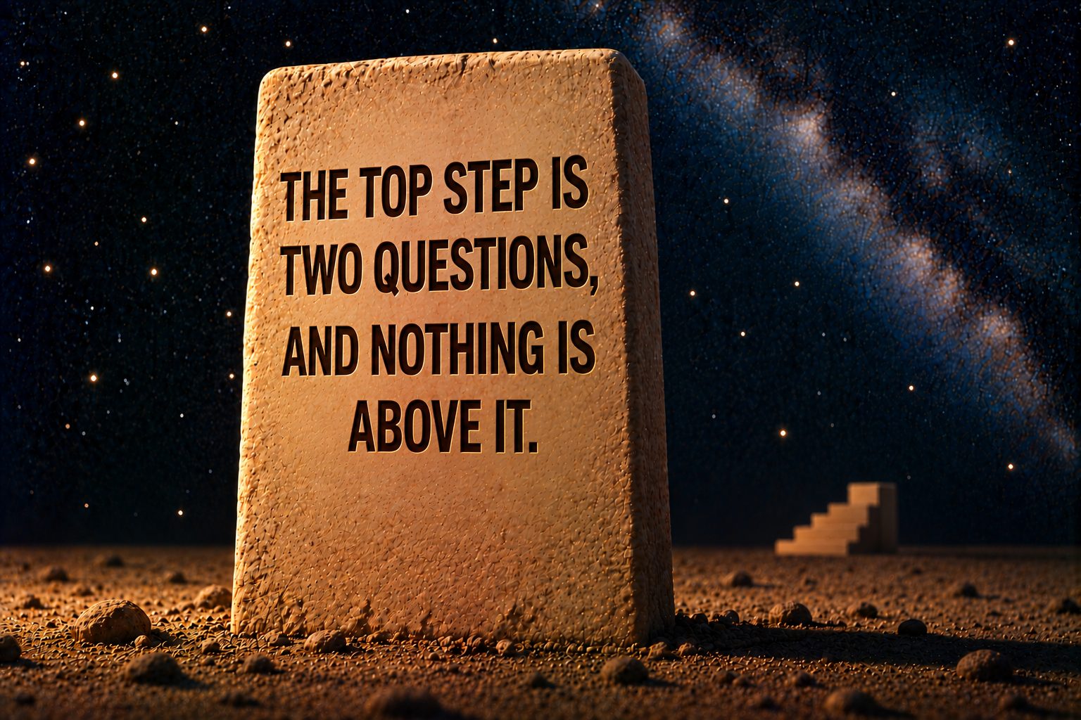 The same tall standing stone of pale sandstone planted in dark sand against the deep navy starfield, the staircase small and far behind it. Incised into its face in dark capitals: "THE TOP STEP IS TWO QUESTIONS, AND NOTHING IS ABOVE IT."