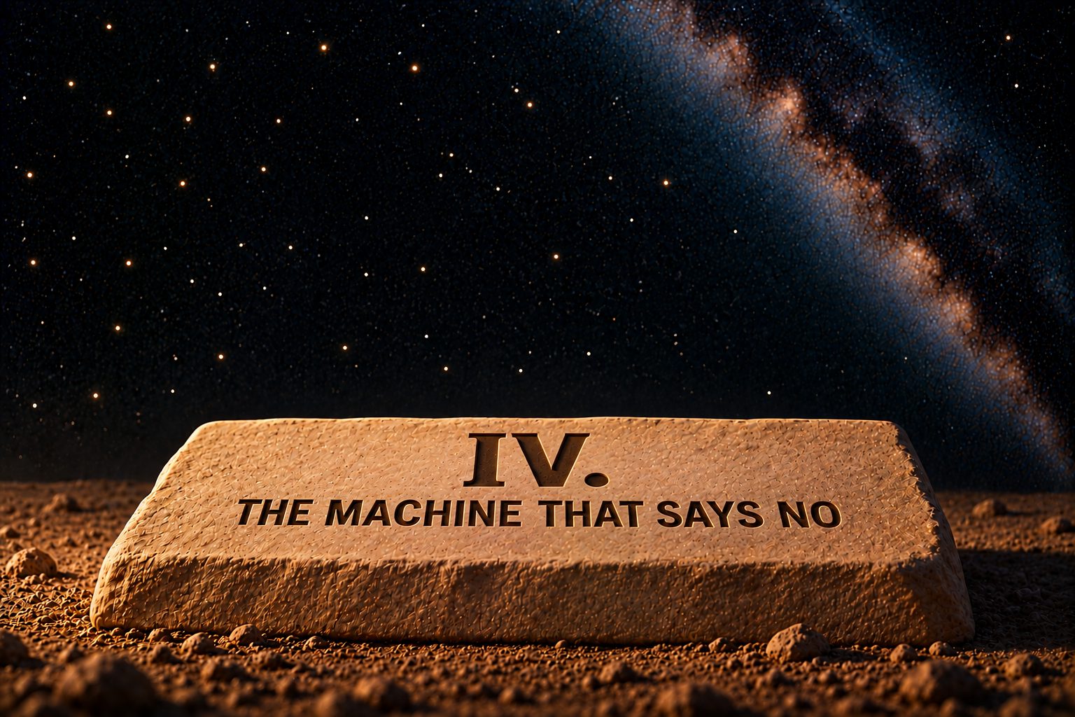 The same broad, low slab of pale sandstone on dark sand against the deep navy starfield. Incised into its top face, a large Roman numeral "IV." above the words "THE MACHINE THAT SAYS NO." Nothing else is in the frame.