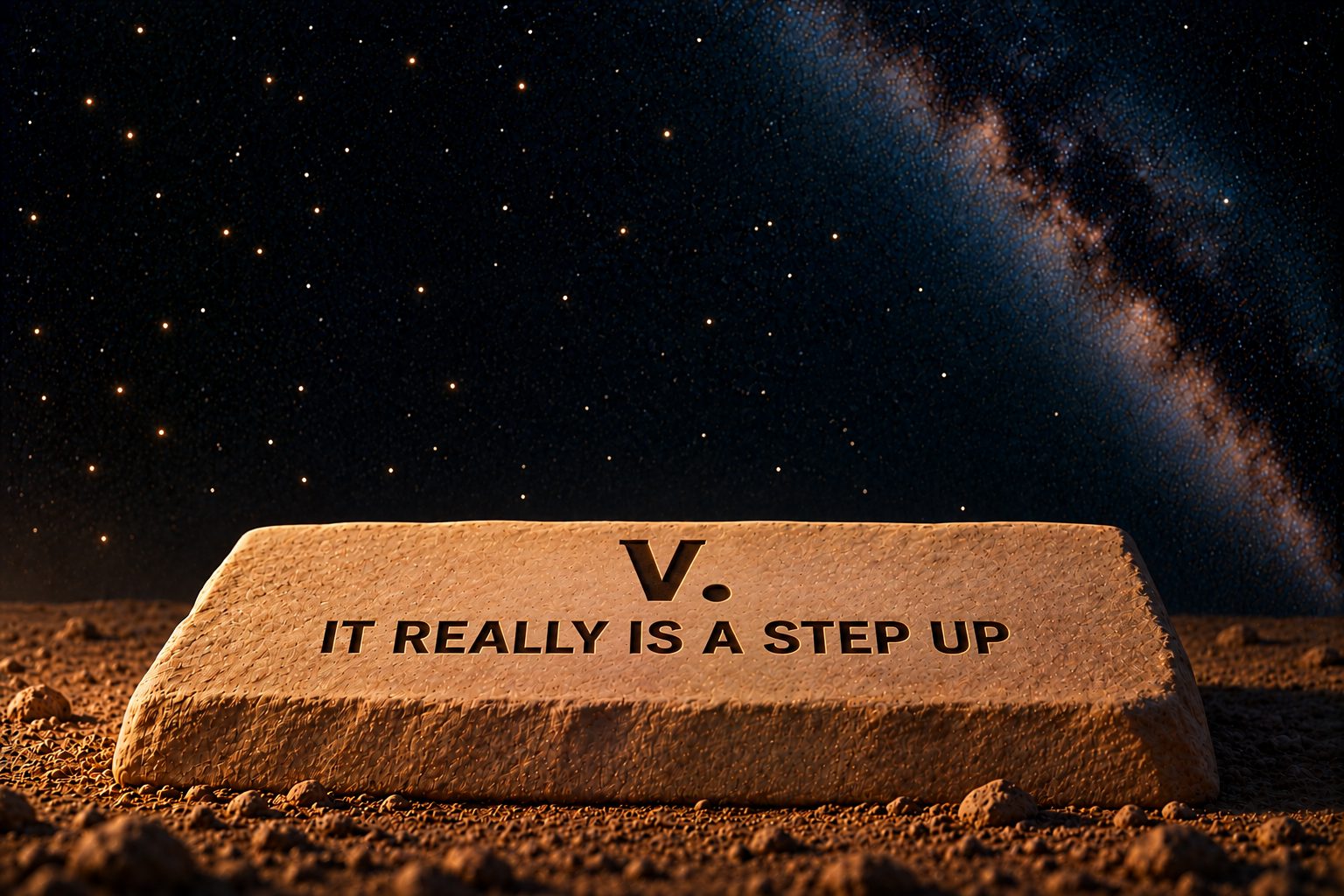 The same broad, low slab of pale sandstone on dark sand against the deep navy starfield. Incised into its top face, a large Roman numeral "V." above the words "IT REALLY IS A STEP UP." Nothing else is in the frame.